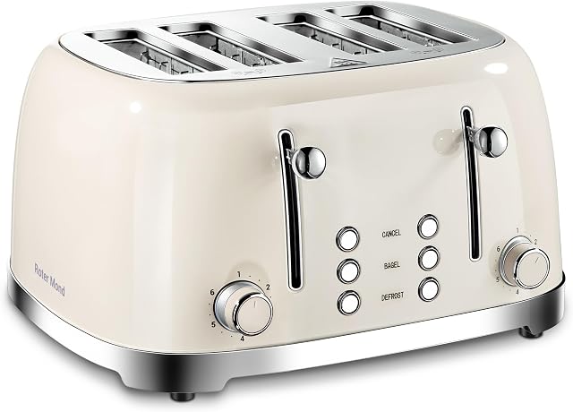 Roter Mond 4 Slice Toaster Retro Stainless Steel Toasters with Bagel Defrost Cancel Function, 6 Browning Settings, Extre Wide Slot, Cream