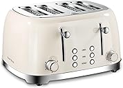 4 Slice Toaster Roter Mond Retro Stainless Steel with Bagel Defrost Cancel Function, 6 Browning Settings, Extre Wide Slot and Removable Crumb Tray, Cream, ST033
