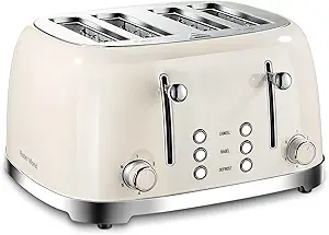 4 Slice Toaster Roter Mond Retro Stainless Steel with Bagel Defrost Cancel Function, 6 Browning Settings, Extre Wide Slot and Removable Crumb Tray, Cream, ST033