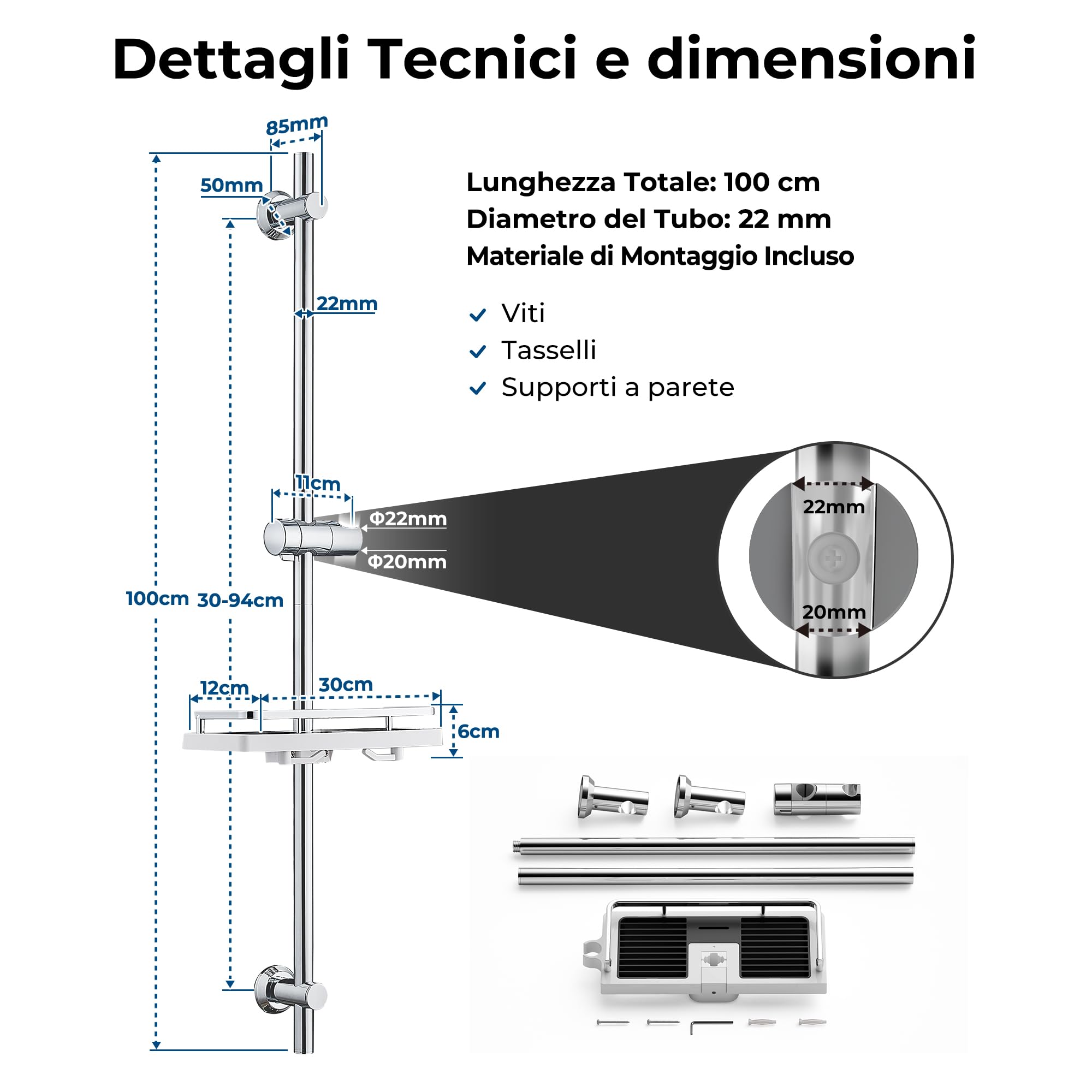 Görbach Asta Doccia in Acciaio Inox con Supporto Soffione Regolabile per Adattarsi ai Fori Esistenti, Adatto per Doccette Standard, Saliscendi Doccia 100 cm con Mensola Cromo