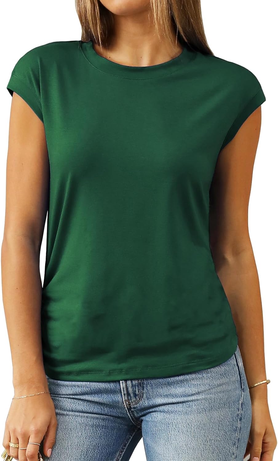 Abardsion Trendy Round Neck Cap Sleeve Tops for Women