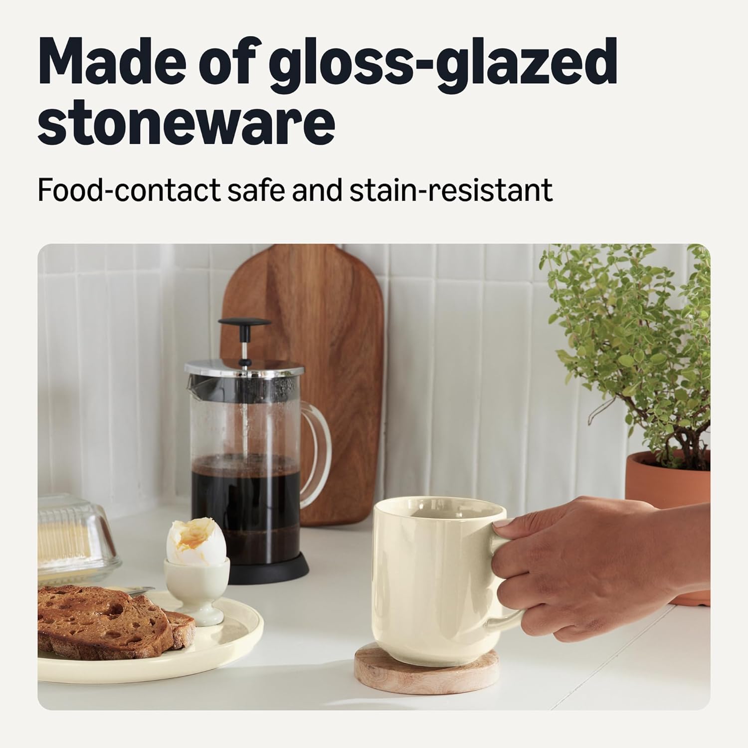 Amazon Basics Glazed Stoneware Coffee Mugs, Ceramic 4-Piece Set, 16 oz, Microwave and Dishwasher-Safe, Ivory