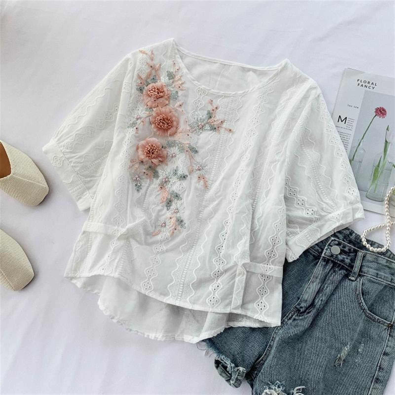 SMDSAZ Embroidery Beading Flower Shirt Female Design Tops