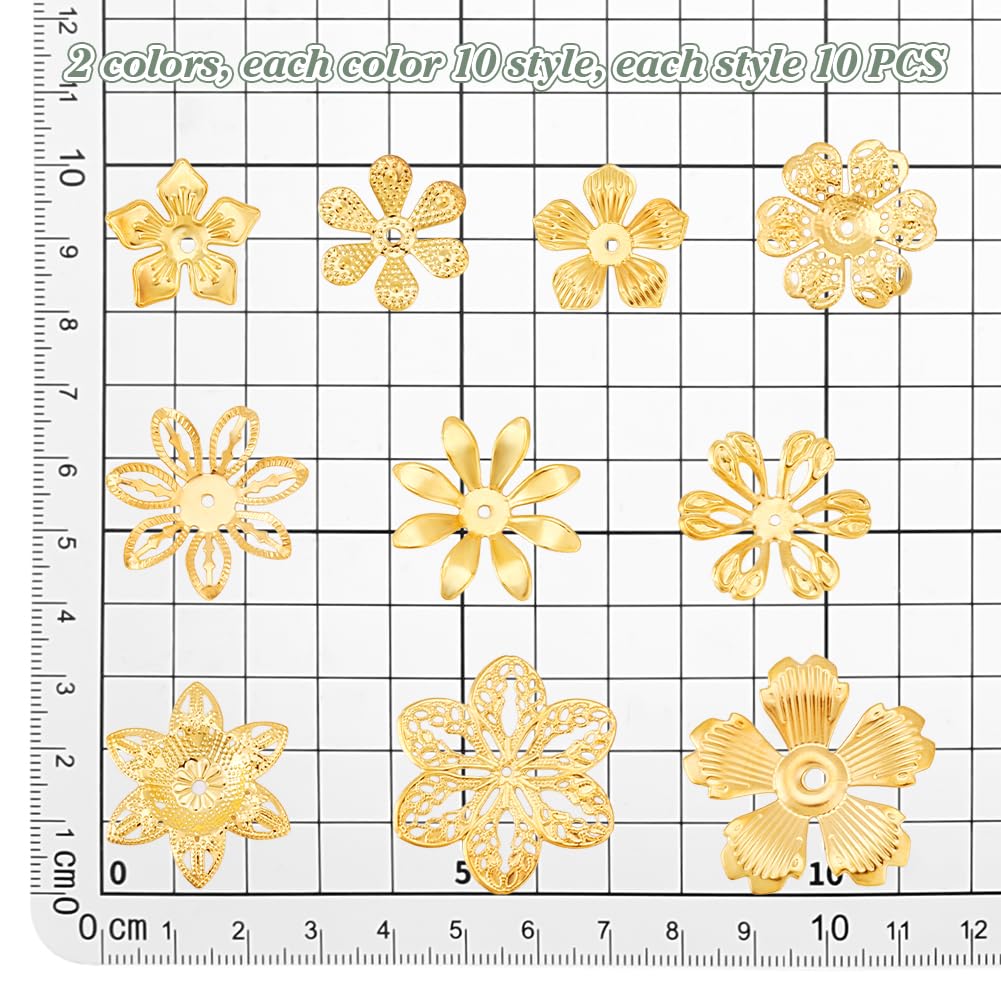 PH PandaHall 200pz 10 Stili Cappucci per Perline Floreali, 16~34mm Perline Distanziatrici a Forma di Fiore Grandi per Orecchini Forcine per Capelli Pendenti, Oro/Platino