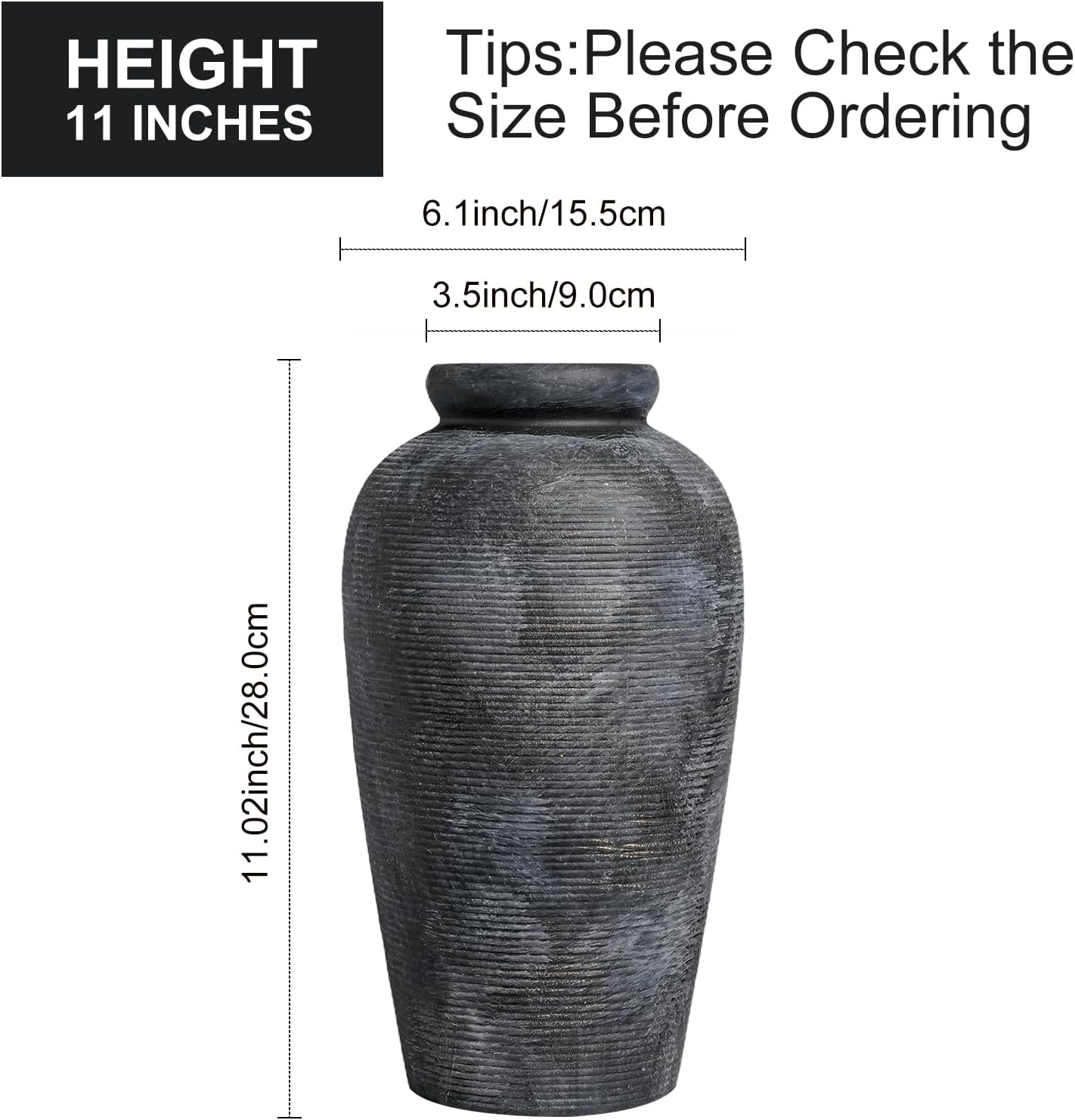 Rustic Vase, 11 inch Large Terracotta Flower Vase, Farmhouse Ceramic Pottery, Distressed Farmhouse Decor for Living Room, Shelf, Entryway, Room Decor, Black Bronze - Image 6