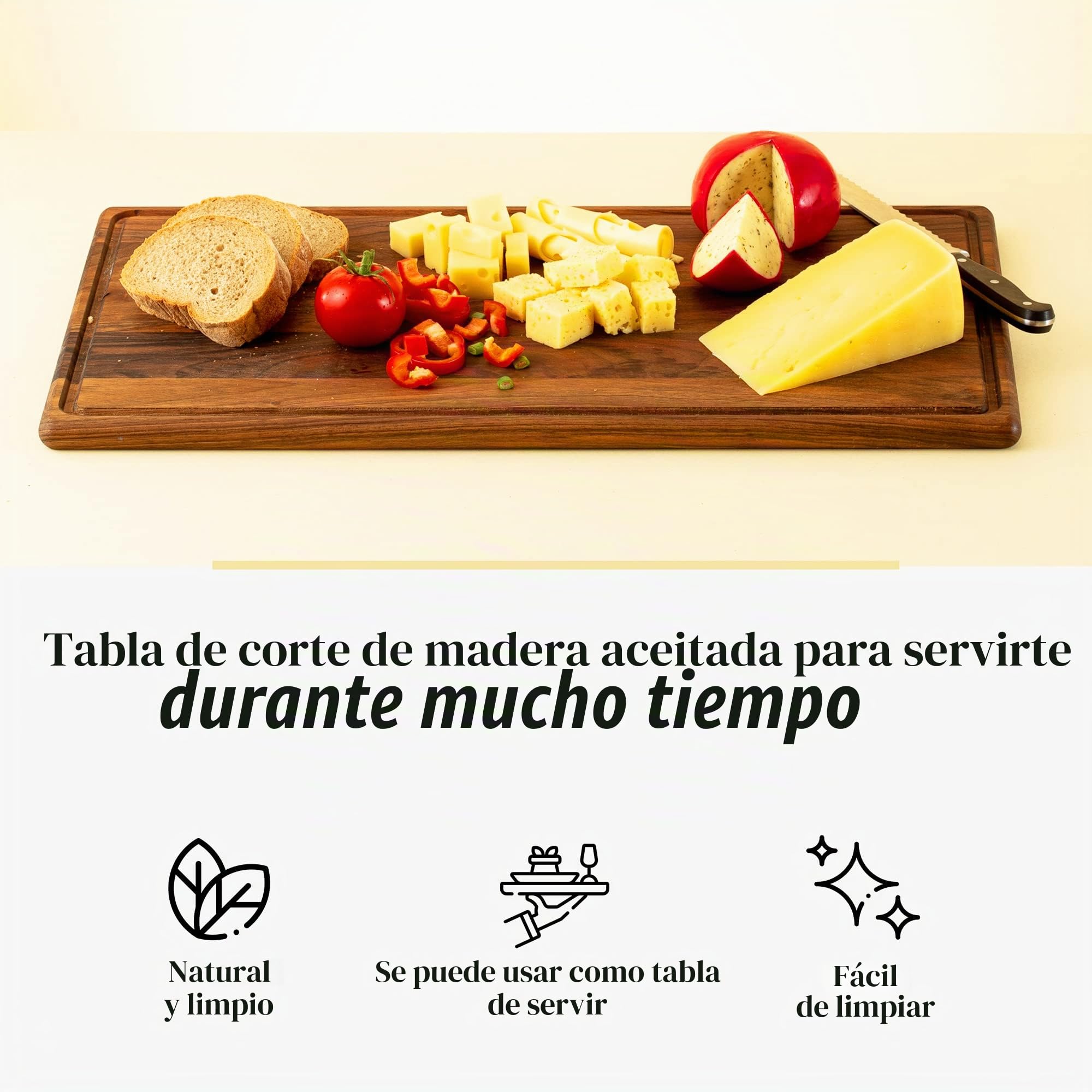 tuuli Kitchen Tabla Cortar Madera Nogal Cocina Queso Pan Grande Antibacteriano (44x30x2 cm)