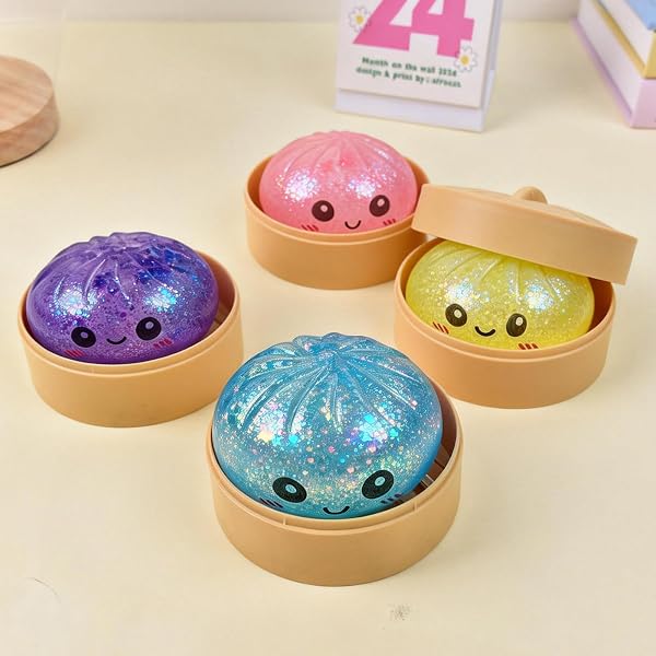 Dumplings Squishy, Glitter Dumpling Squishy Toy with Steamer Box,Cute Glitter Rainbow Dumplings Squishiest avec Visage,Stress & Anxiety Relief Toys Géant Relief Sensory Ball Soft Squeeze Sensory Toys - 5