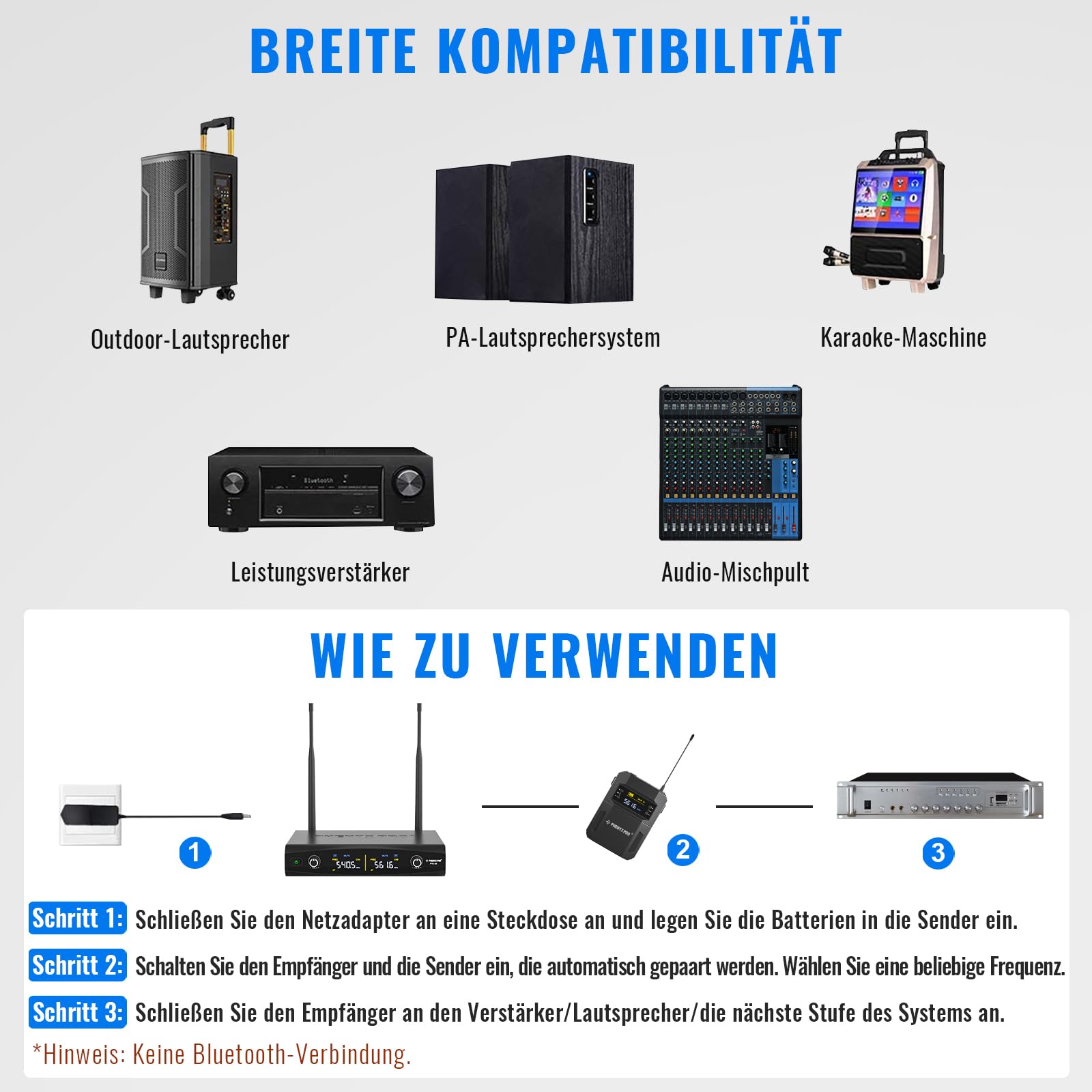 Phenyx Pro UHF Kabelloses Mikrofonsystem mit 2 x 30 abstimmbaren PTU-52-2B | schnurloses Metall-Mikrofon-Set, 61 m Reichweite, 2 Bodypacks & Headsets/Ansteckmikrofone für Sprechen, Singen, Kirche, DJ