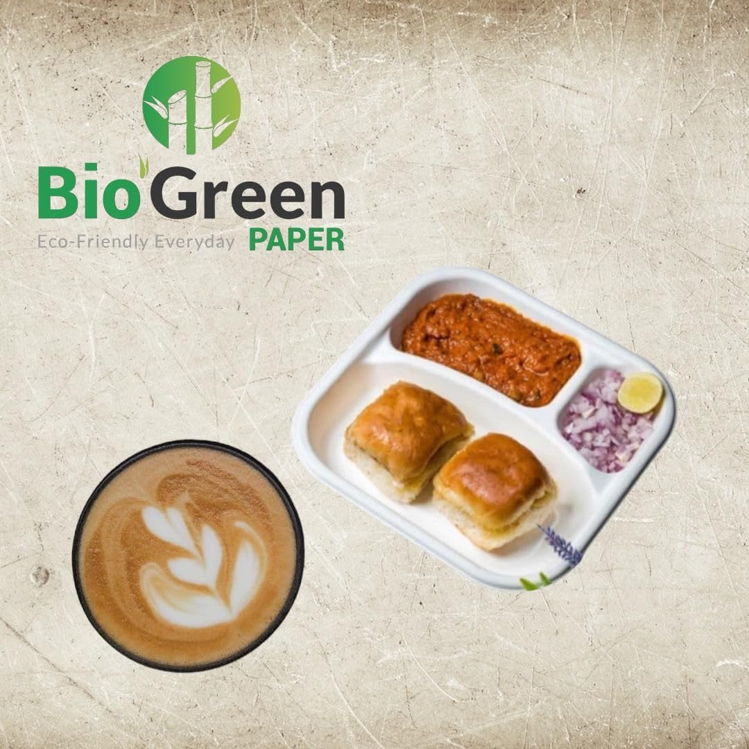 BioGreenPaper | 9 Inch 3-Compartment Square Plates 100 Pcs | Biodegradable, Disposable, Eco-Friendly For Party,Wedding And Catering | Biodegradable Sugarcane Bagasse (Pack of 100)