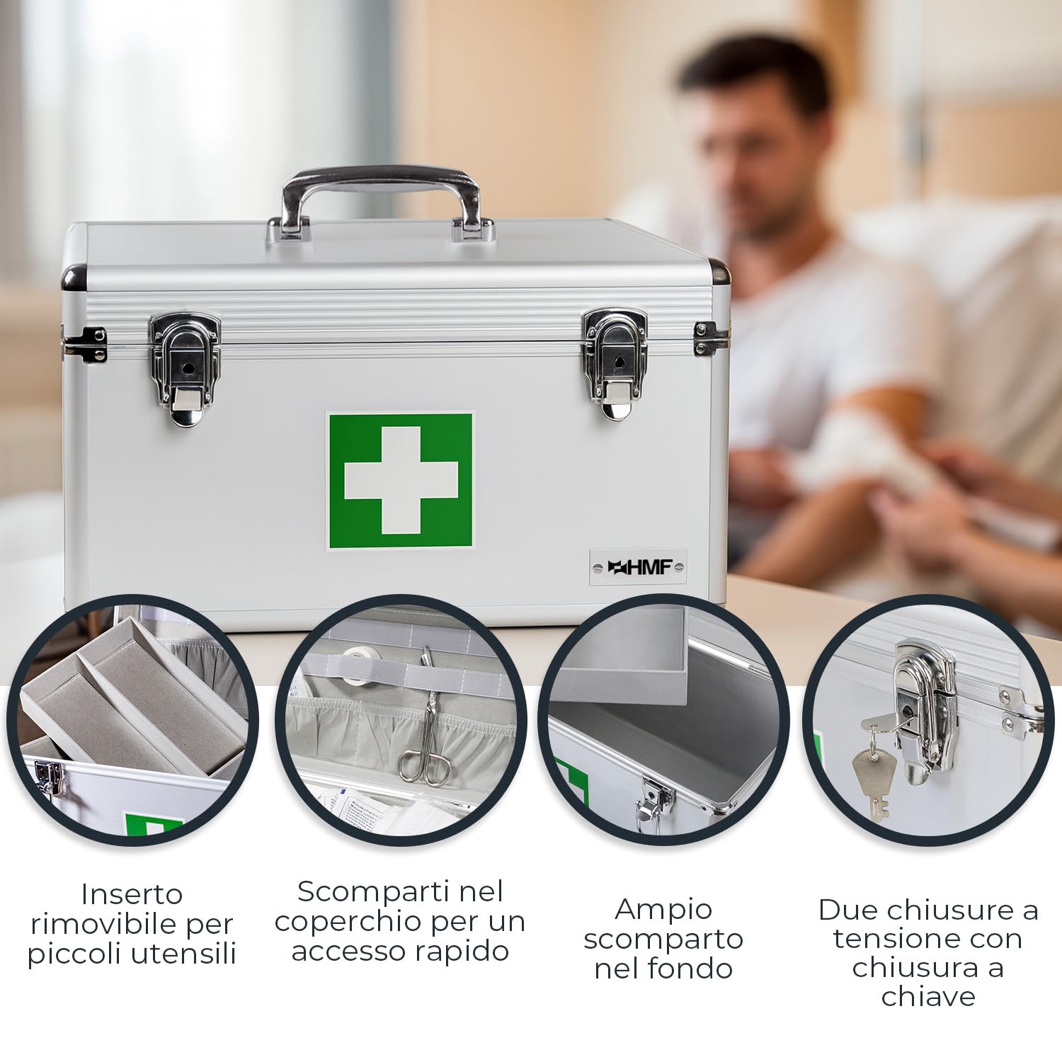 HMF 14702-09 - Valigetta di pronto soccorso in alluminio con maniglia, 30 x 25 x 25 cm