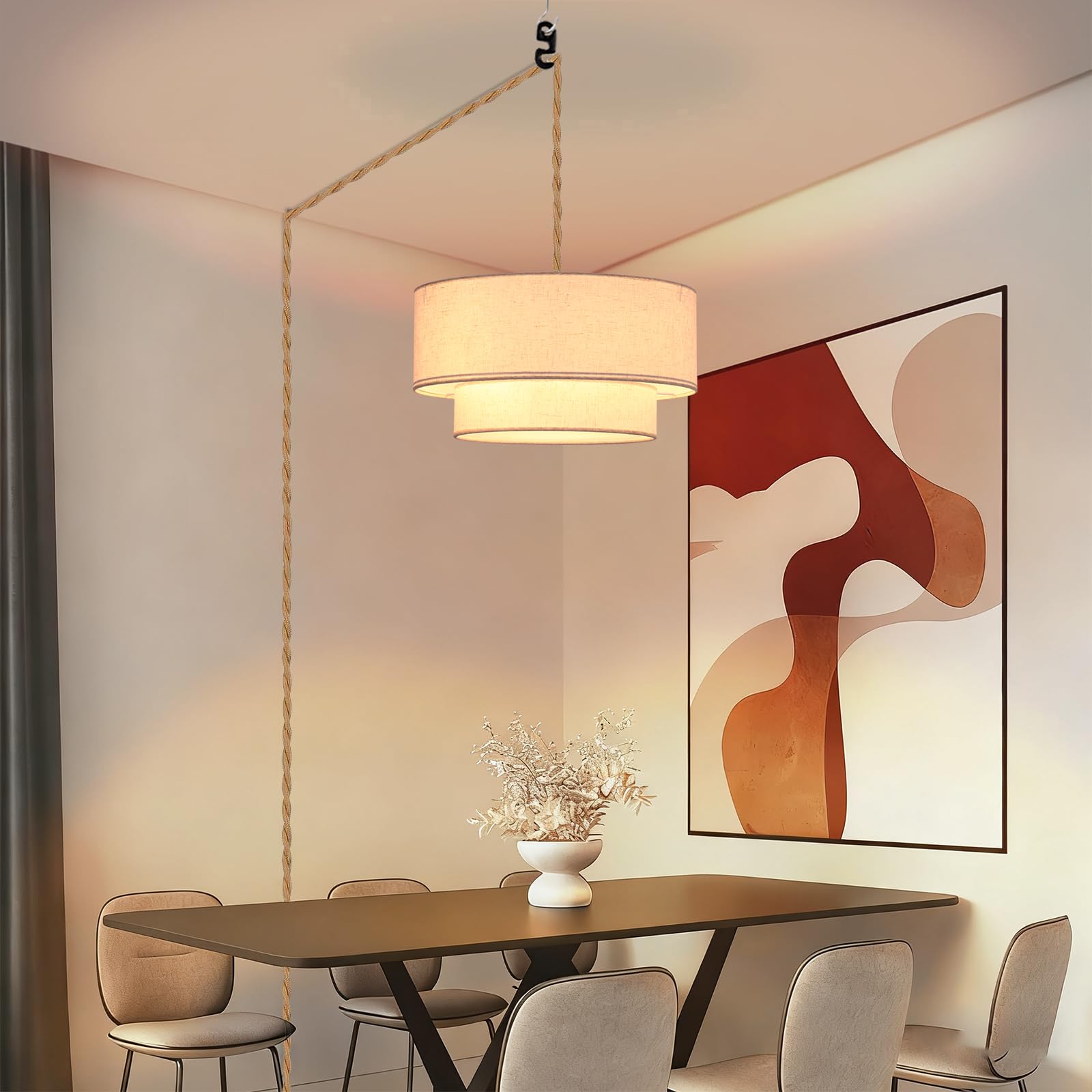 plug in pendant light, 2-tier drum linen pendant lights with 15.7ft handmade woven light cord 17.7" plug in chandelier for dining room kitchen island and bedroom