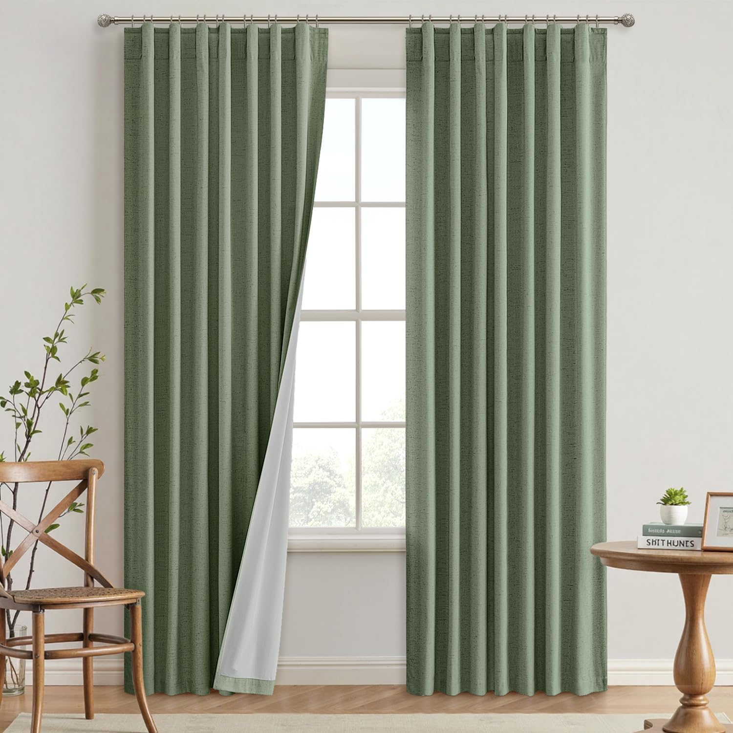 EMEMA Olive Green Linen Blackout Curtains 72 inch Long 2 Panels Set for Bedroom Back Tab Thermal Insulated 100% Black Out Drapes Pinch Pleated Hooks Room Darkening Window Curtain for Living Room