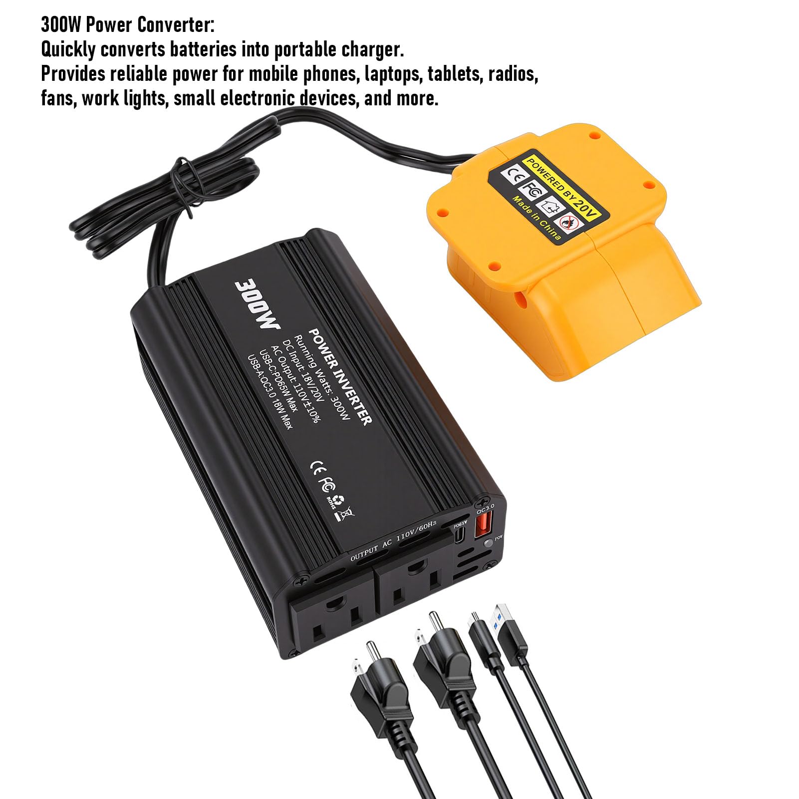 SEAFRONT Przetwornice Mocy dla PojazdóW 300 W DC 18 V do AC 110 V Samochodowy Falownik Przenośny PD 65 W Typ C Szybkie ładowanie 2 Gniazda AC 1 USB A dla Akumulatora
