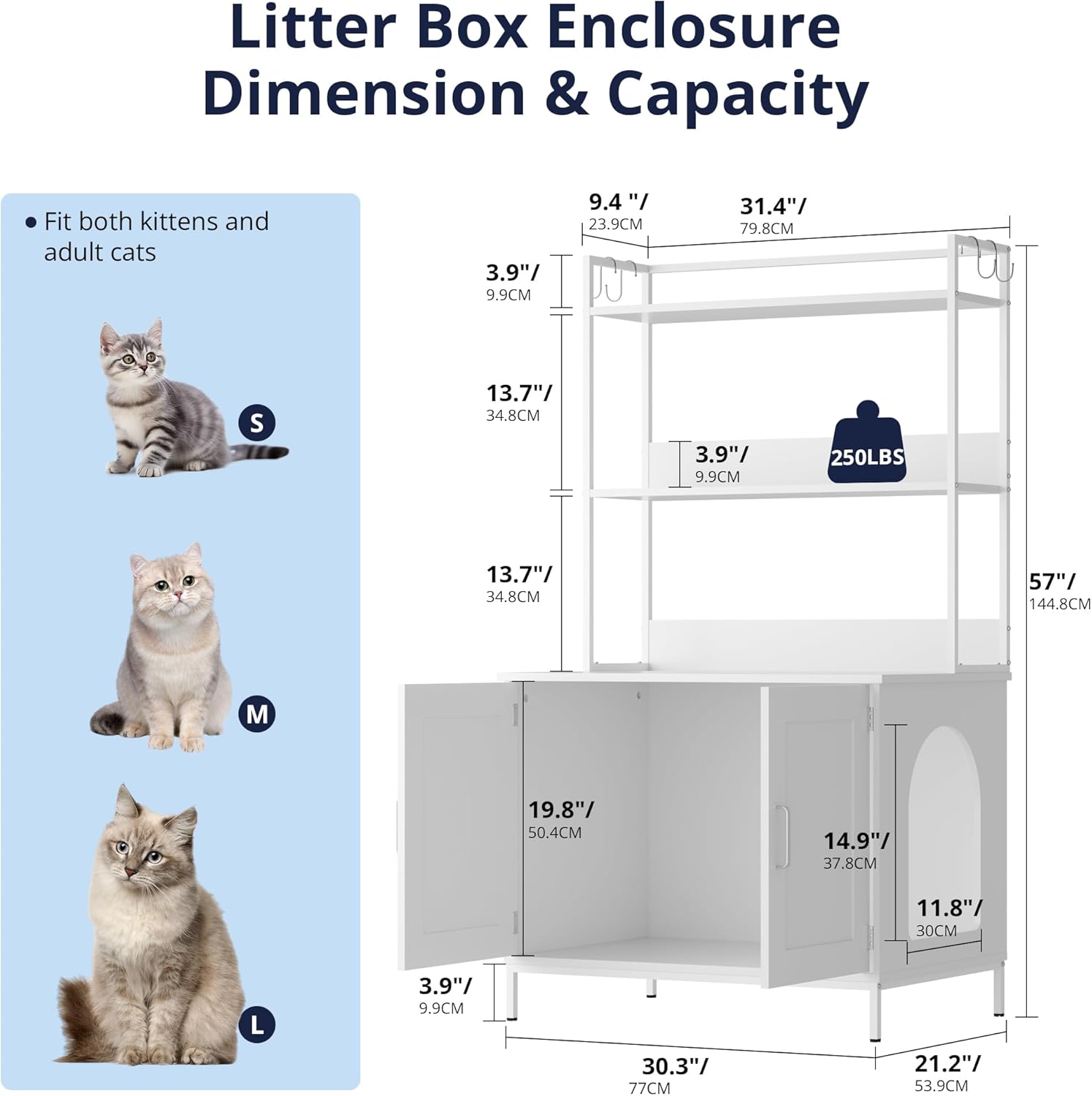 Cozy Castle Litter Box Enclosure, 57'' Cat Litter Box Furniture with Large Cabinet, Shelves and 4 S-Hooks, Hidden Cat House for Most of Litter Boxes, Wooden Pet Washroom Indoor, White