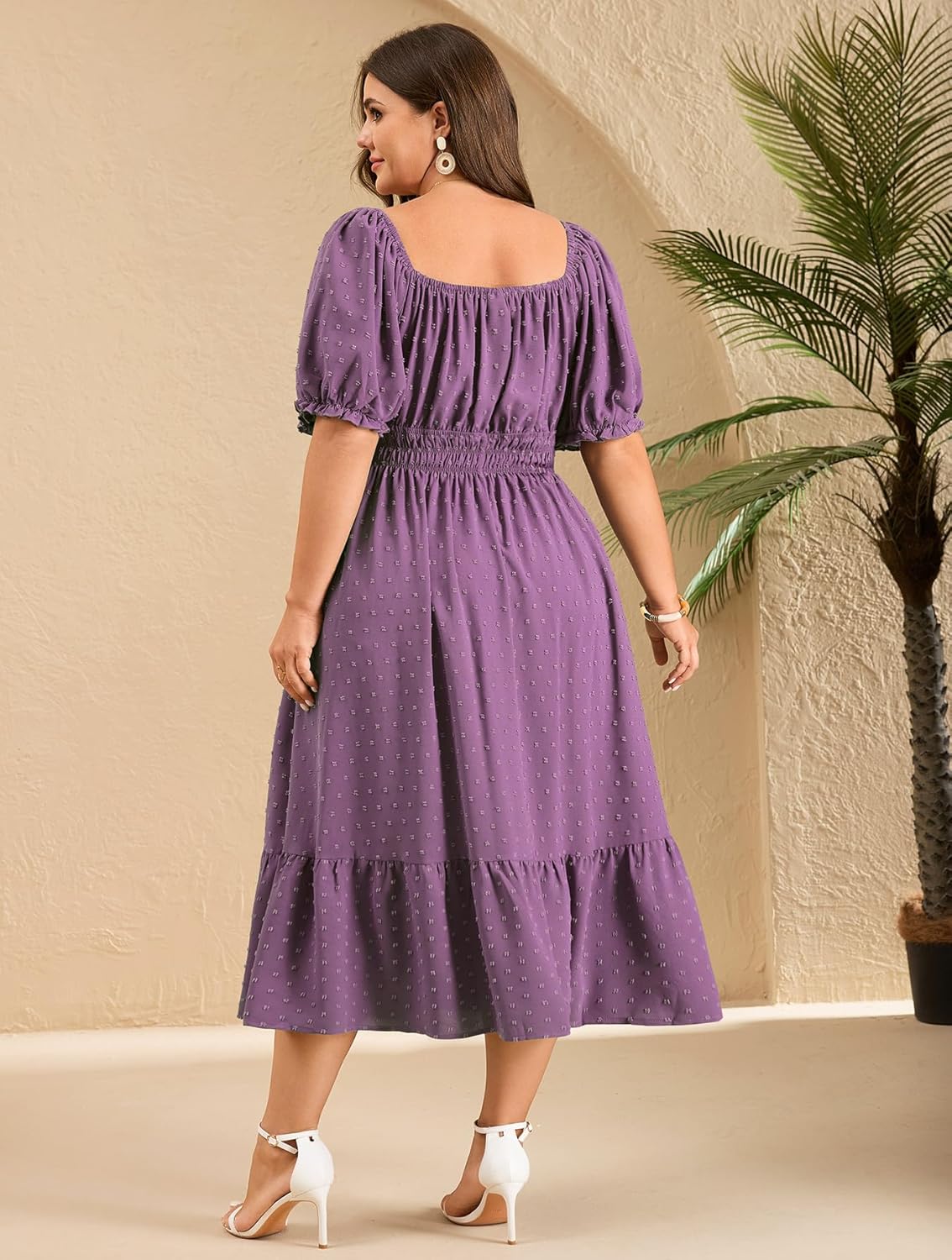 SCOMCHIC Women Plus Size Summer Dress Casual Boho Square Neck Tie Front Swiss Dot Spring A Line Slit Maxi Dresses