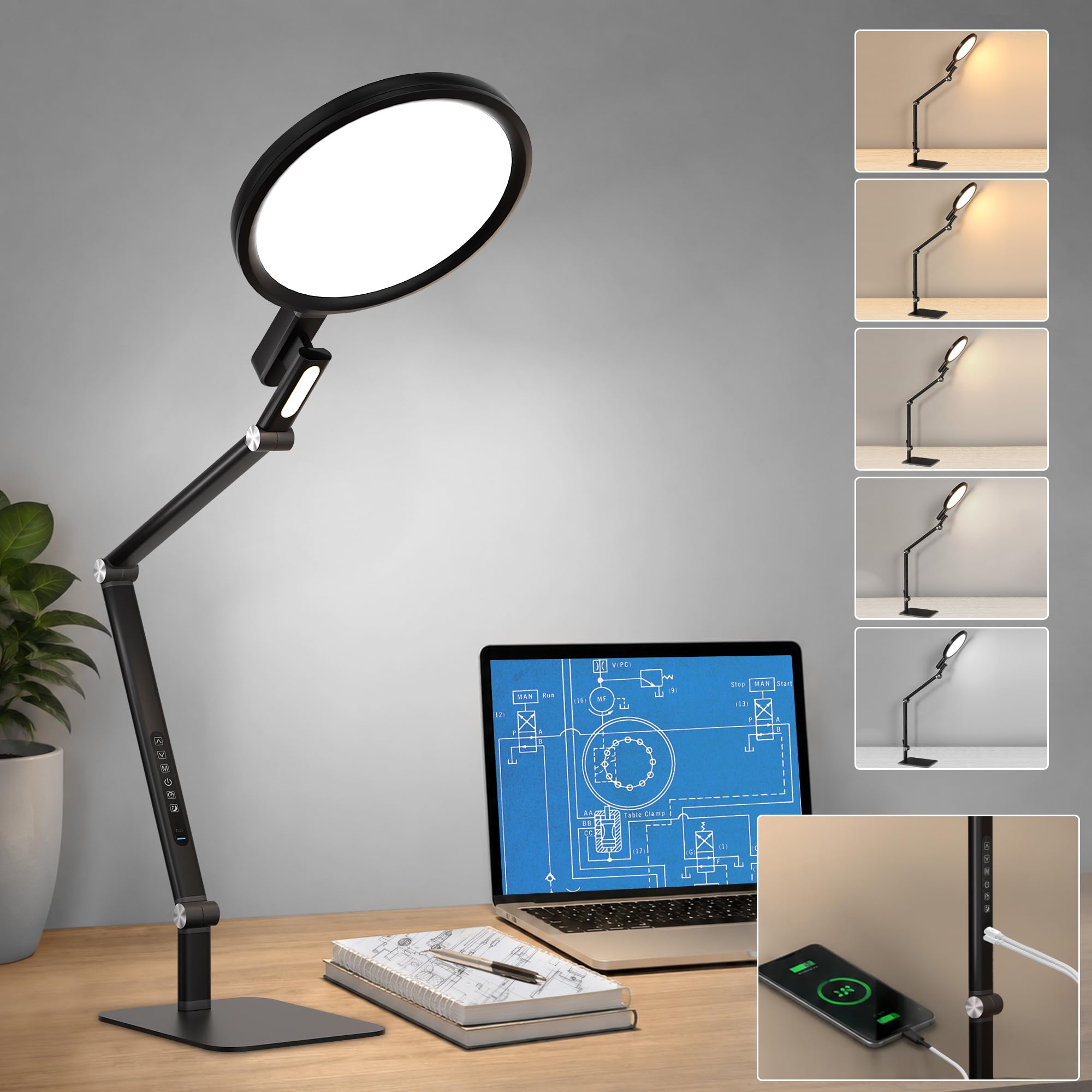 Comely LED Tischlampe Schwarz Touch Dimmbar 15W LED Nachttischlampe mit USB C Ladefunktion 2700K–6000K Ra97 Schreibtischlampe Nachtlicht für Schlafzimmer Büro Wohnzimmer