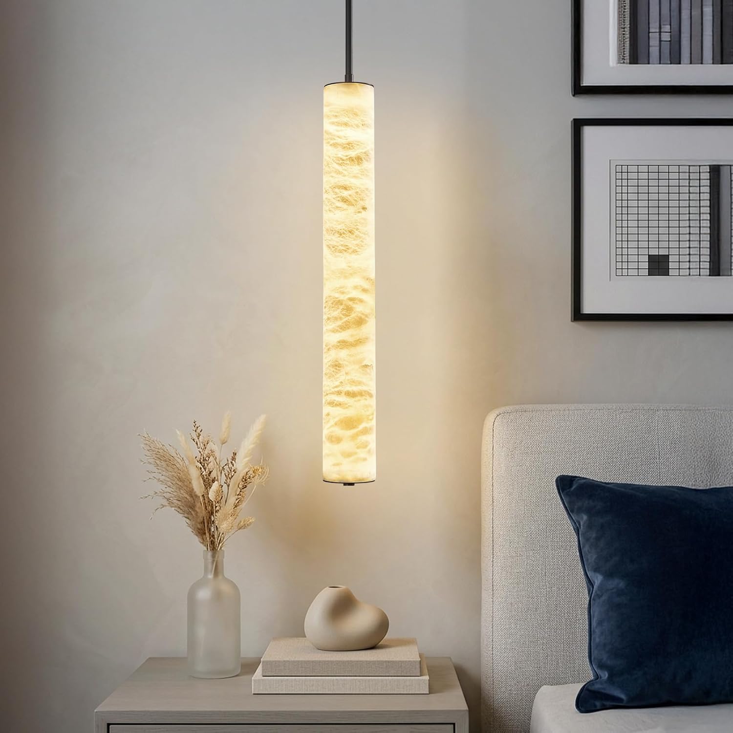 LMQNINE Natural Alabaster Pendant Lights White Marble 24" Long Tube Adjustable Boom Chandelier Modern 3000K Black Ceiling Light for Kitchen Island Bedroom Dining Room Living Room Hallway(M-2Pack)