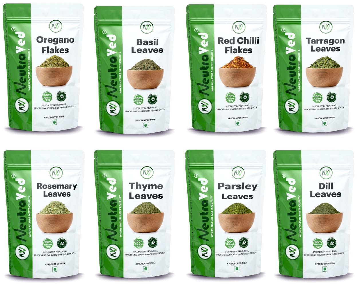 NeutraVed Oregano 35g, Chilli Flakes 50g, Basil 35g, Parsley 30g, Thyme 40g, Rosemary 50g, Dill 30g and Tarragon 25g All Herbs Seasoning