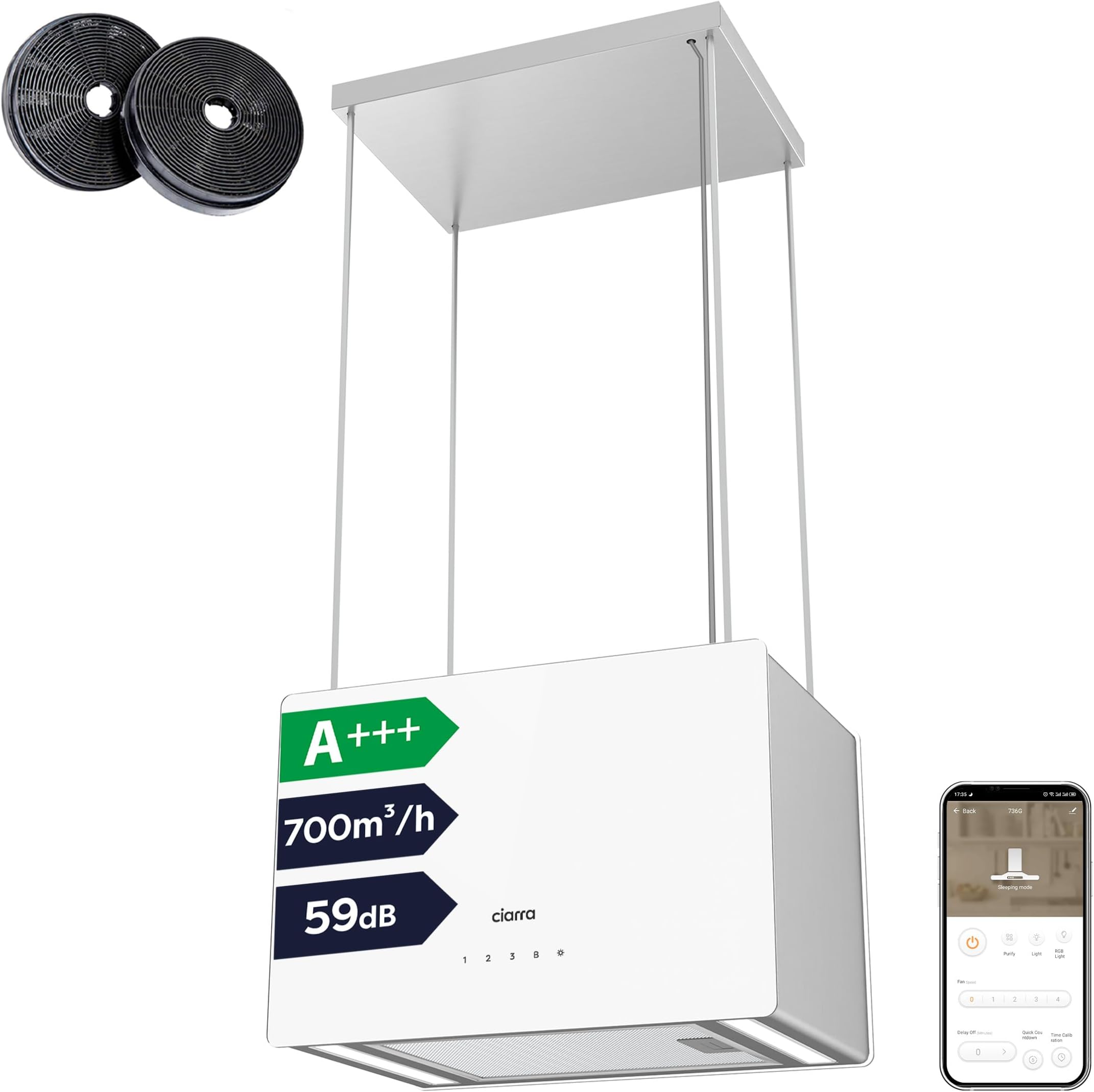 CIARRA Island Cooker Hood 48cm 700m³/ h CBCS4850 LED Display WIFI&Touch Control Ceiling Hood 4-Speed with Booster Recirculating&Ducting Kitchen Extractor Fan