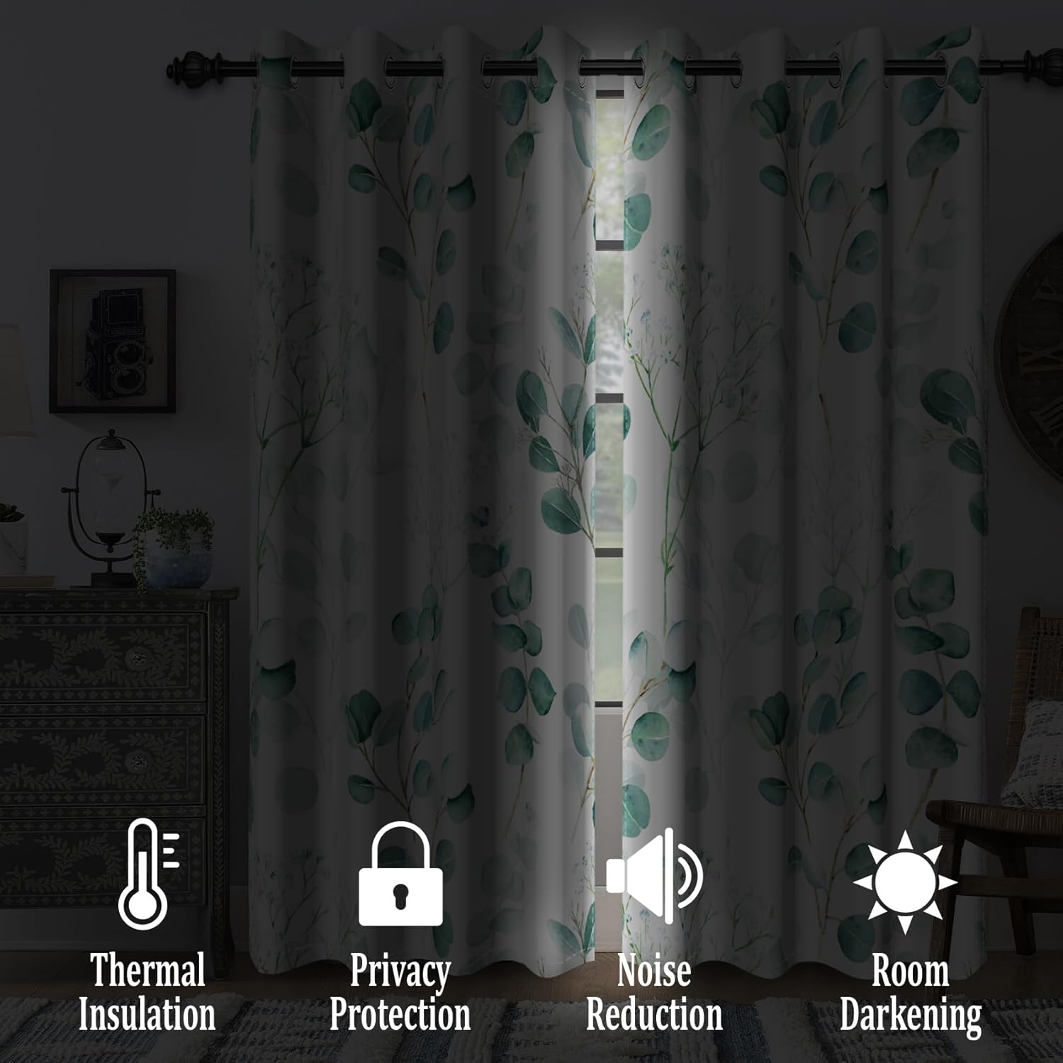 Renaiss Sage Leaves Blackout Curtains for Bedroom Green Eucalyptus Leaf Plant Window Curtain Nature Botanical Thermal Insulated Drapes for Living Room Decor 2 Panels Set, 42x63 Inch