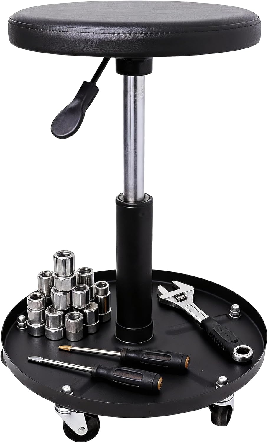 Mechanic Stool with Wheels, Rolling Pneumatic Creeper Garage Shop Seat, Adjustable Height Roller Mechanics Chair with Tool Tray for Workshop Auto Repair, Black