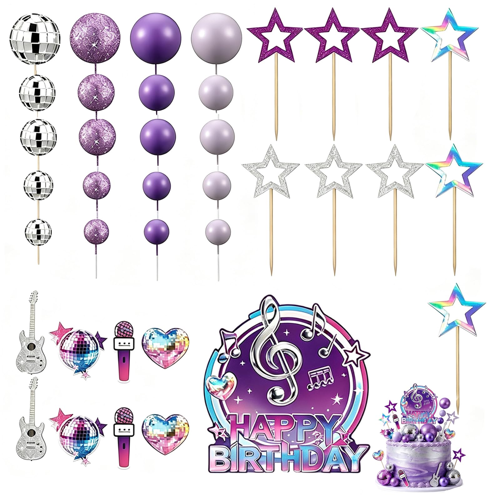 38PCS Disco Ball Cake Decorations, Purple Cake Decorations