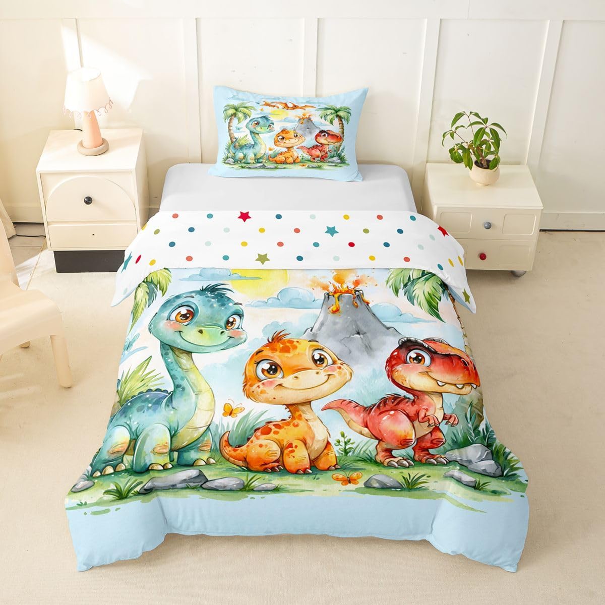 Erosebridal Kawaii Dinosaur Toddler Duvet Cover Kids Cartoon Dinosaur Comforter Cover Funny Dino Wildlife World Bedding Set Cute Tropical Plalm Trees Plants Quilt Cover