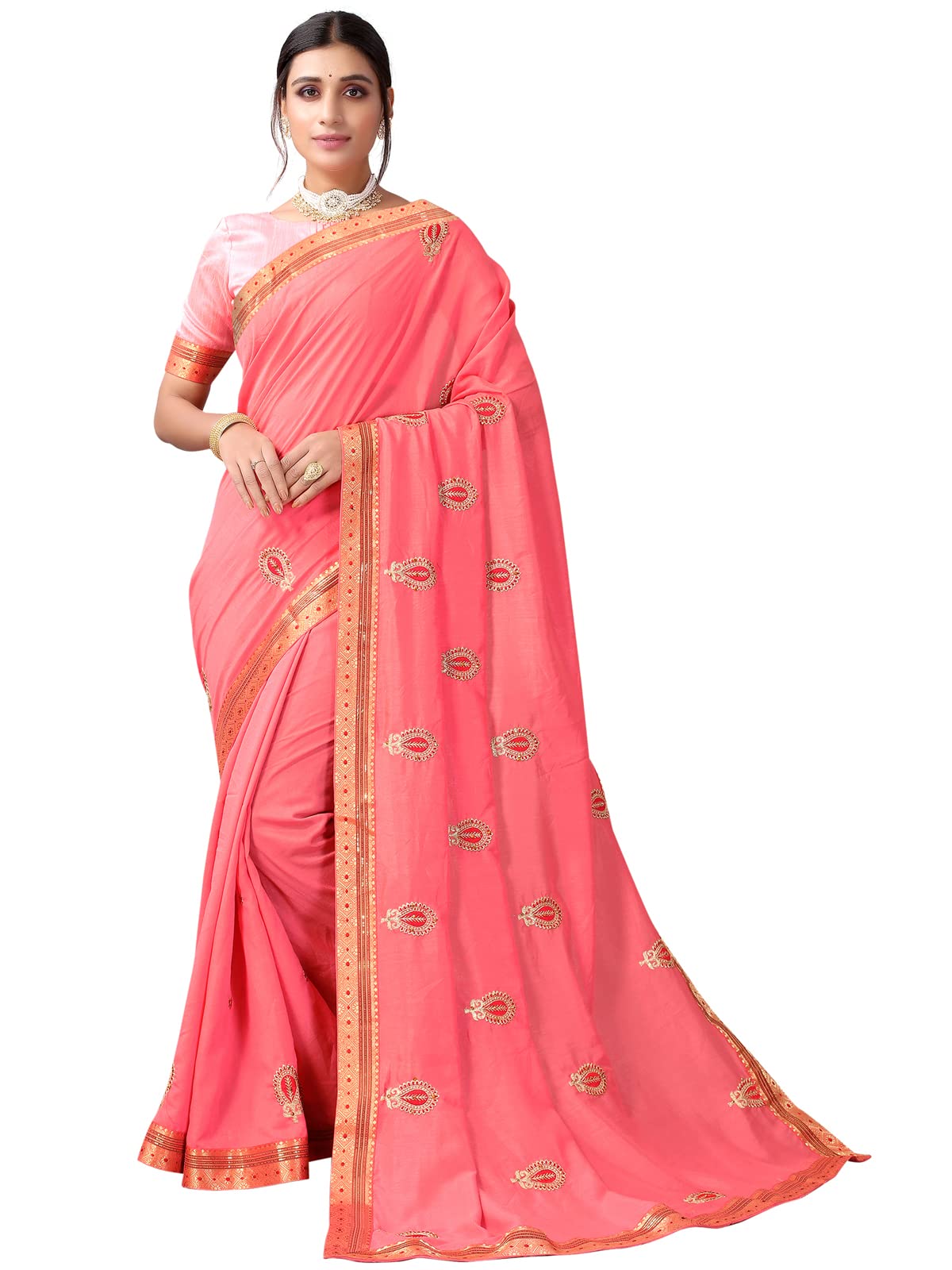 Women's Embroidery Work Stone Work & Lace Poly Silk Saree with Unstitched Blouse Piece, Rose Pink, FREE SIZE