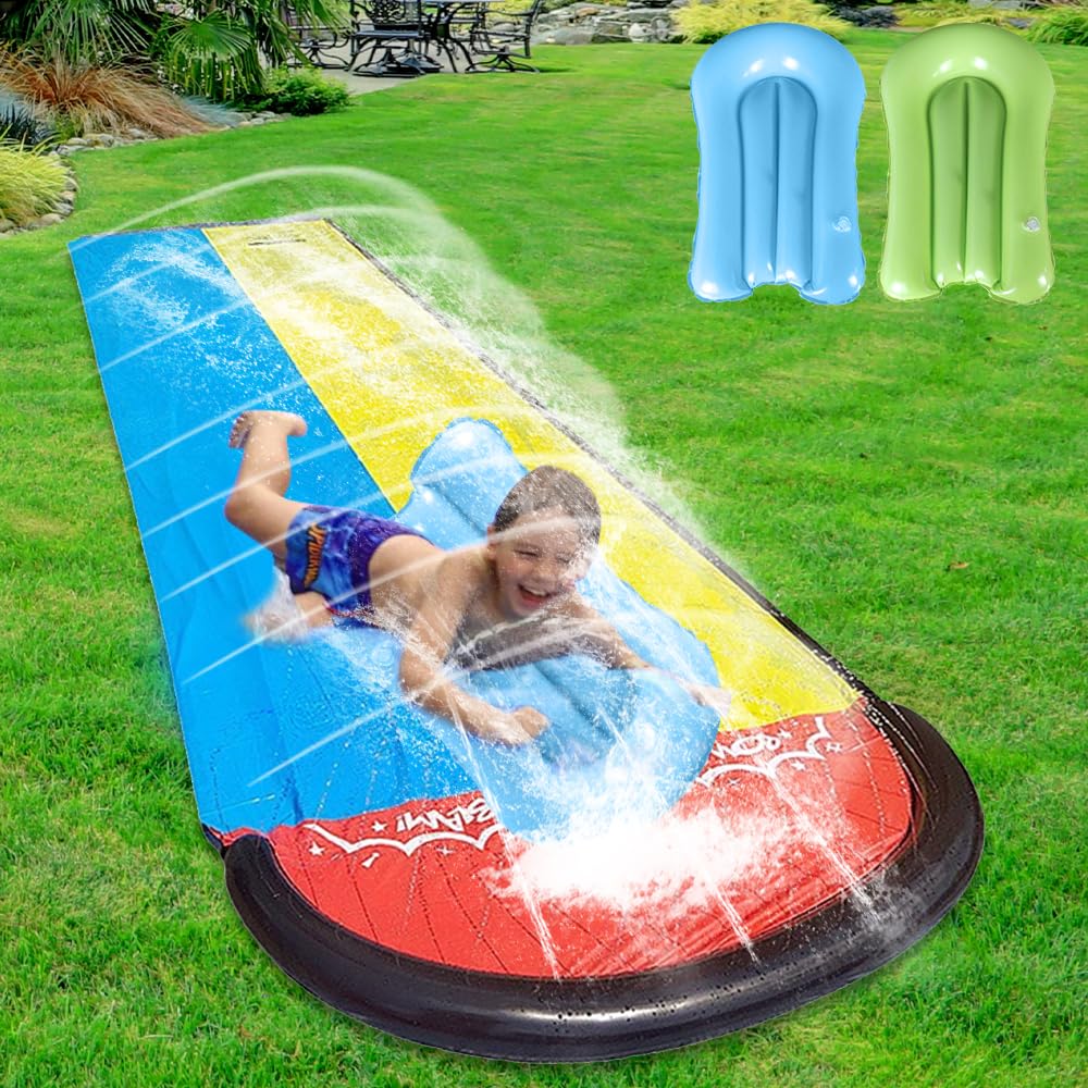 240x55in Toboggan Aquatique, Toboggan d'eau avec 2 Bodyboards, Oboggan d'eau Robuste pour Pelouse avec Arroseur Intégré, Jouets d'été pour Adultes et Enfants