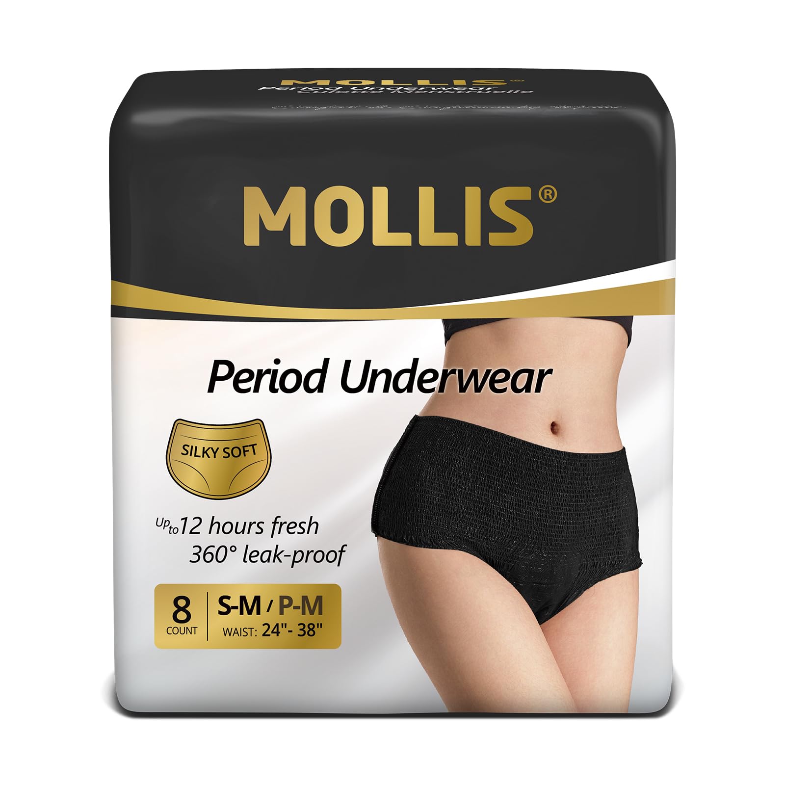 MOLLIS Disposable Period Underwear for Women, Postpartum Panties, Maternity Knickers Heavy Flow Leak Proof, Black,Small/Medium, 8 Count