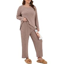 TIANZHU Damen Schlafanzug Set Casual Langarm gerippte Oberteile Weite Hosen mit Taschen 2 St ck Lounge Nachtw sche S-2XL