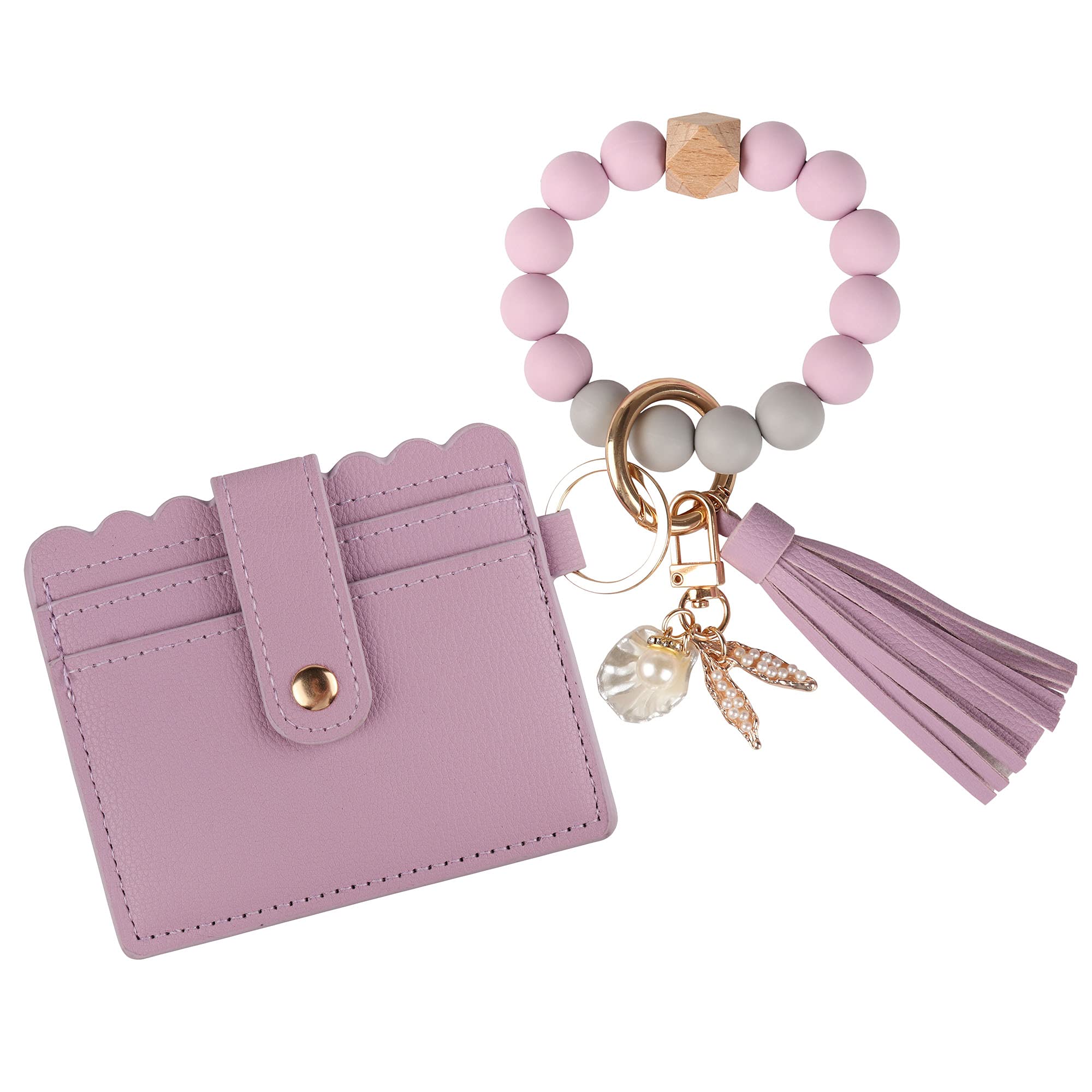 Guran Wristlet Wallet Bracelet Keychain,Card Holder Purse Tassel Keychain Bangle Key Ring for Women, Purple, 14 cm
