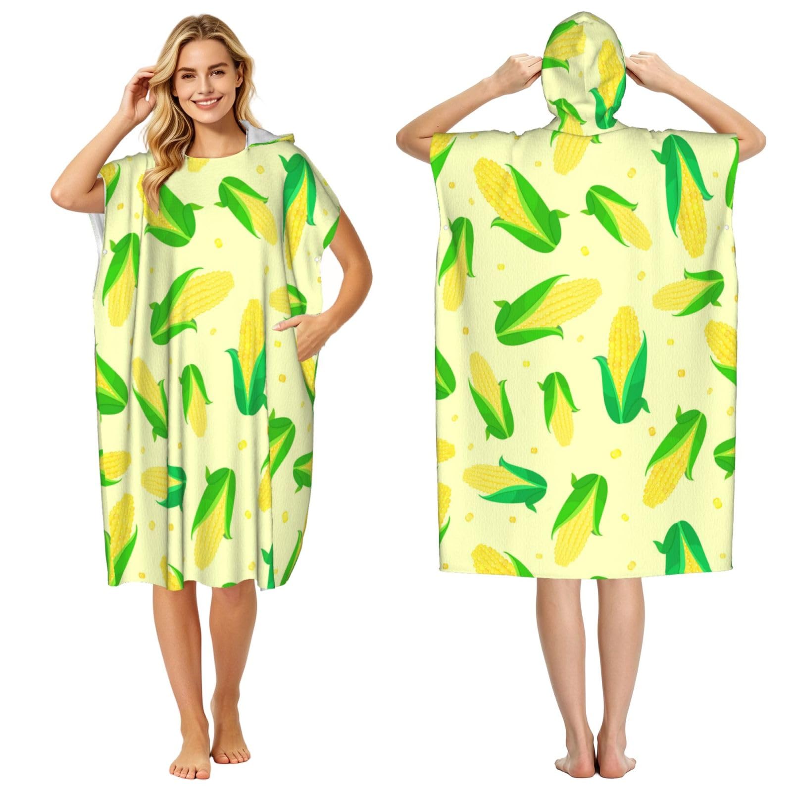 Poadnly Green Delicious Corn, Adult Hooded Beach Towel 90 x 110 cm,Changing Bath Robe, Surf Poncho Towel For Women Men