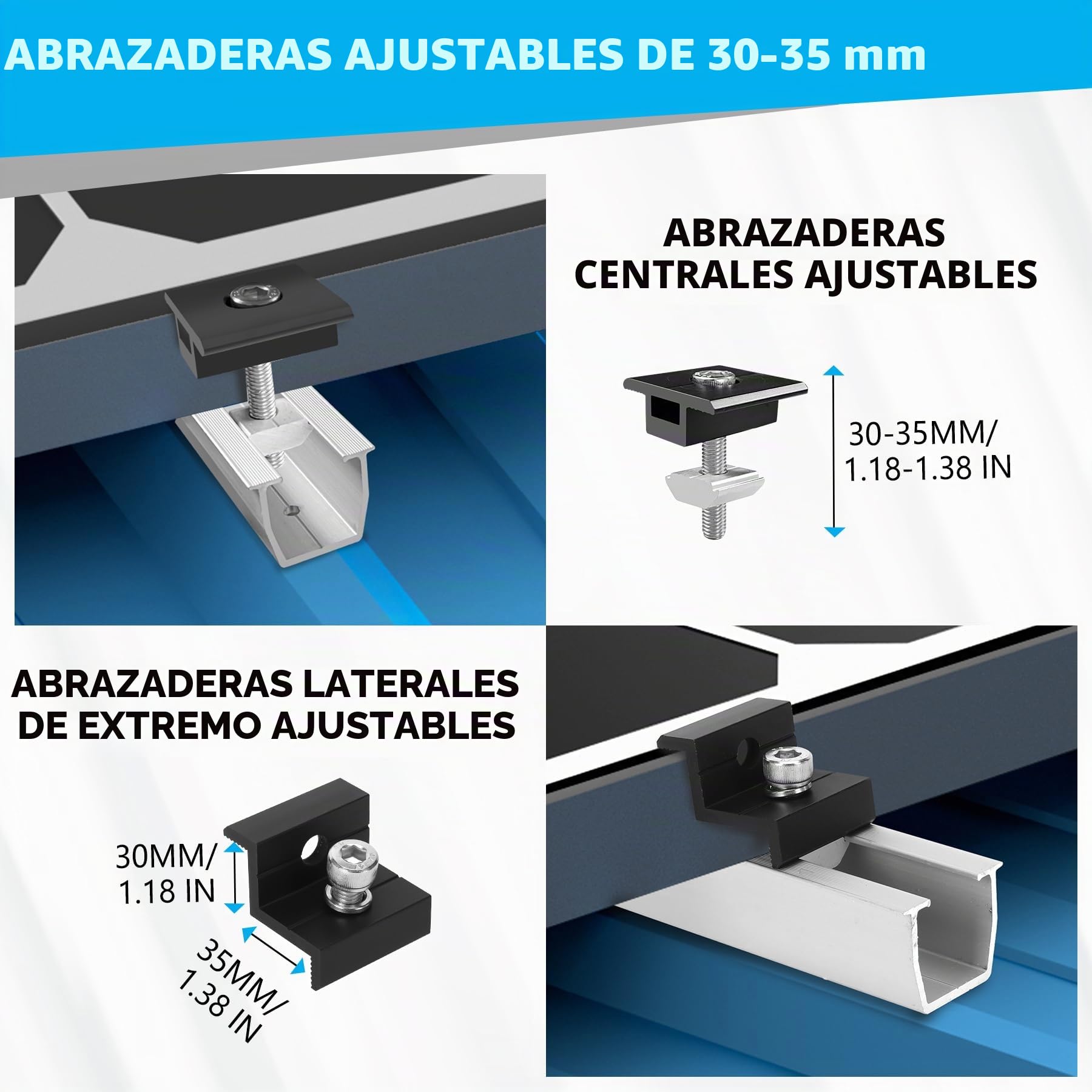 Kit de Montaje para Módulos Solares, Soporte Fotovoltaico para 4 Módulos, Riel Plateado de 12CM + Clips de Drenaje de Agua 30 mm + Abrazadera Ajustable para Módulos de 30-35MM de Grosor