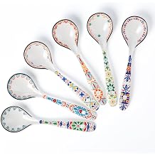 Ceramic Asian Soup Spoons Set of 6, Colorful Japanese Ramen Spoon for Pho & Miso, Deep Porcelain Design with Long Handle for Dumpling, Wonton, Assorted Patterns B