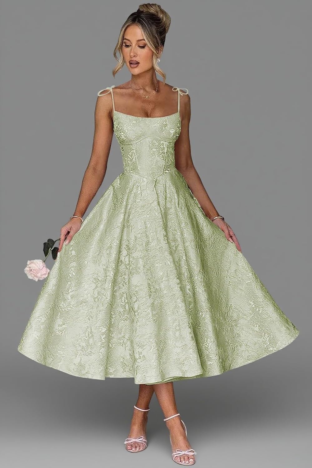 Jacquard Floral Satin Prom Dresses for Women 2026 Spaghetti Straps A-Line Midi Formal Evening Party Gown with Pockets