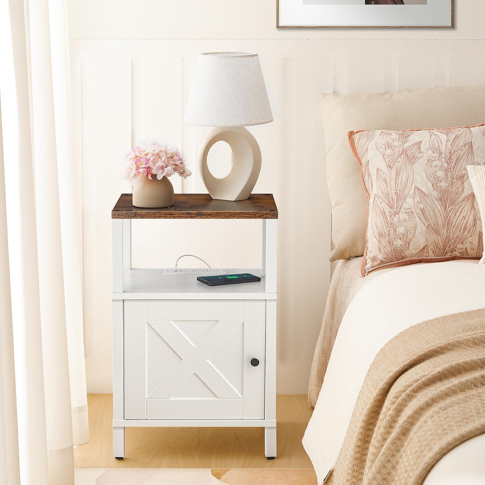 Set of 2 Farmhouse Nightstand with Charging Station, White Bedside Table with USB&Type-C Ports and Outlets, End Table with Storage, Night Stand for Bedroom, White and Rustic Brown