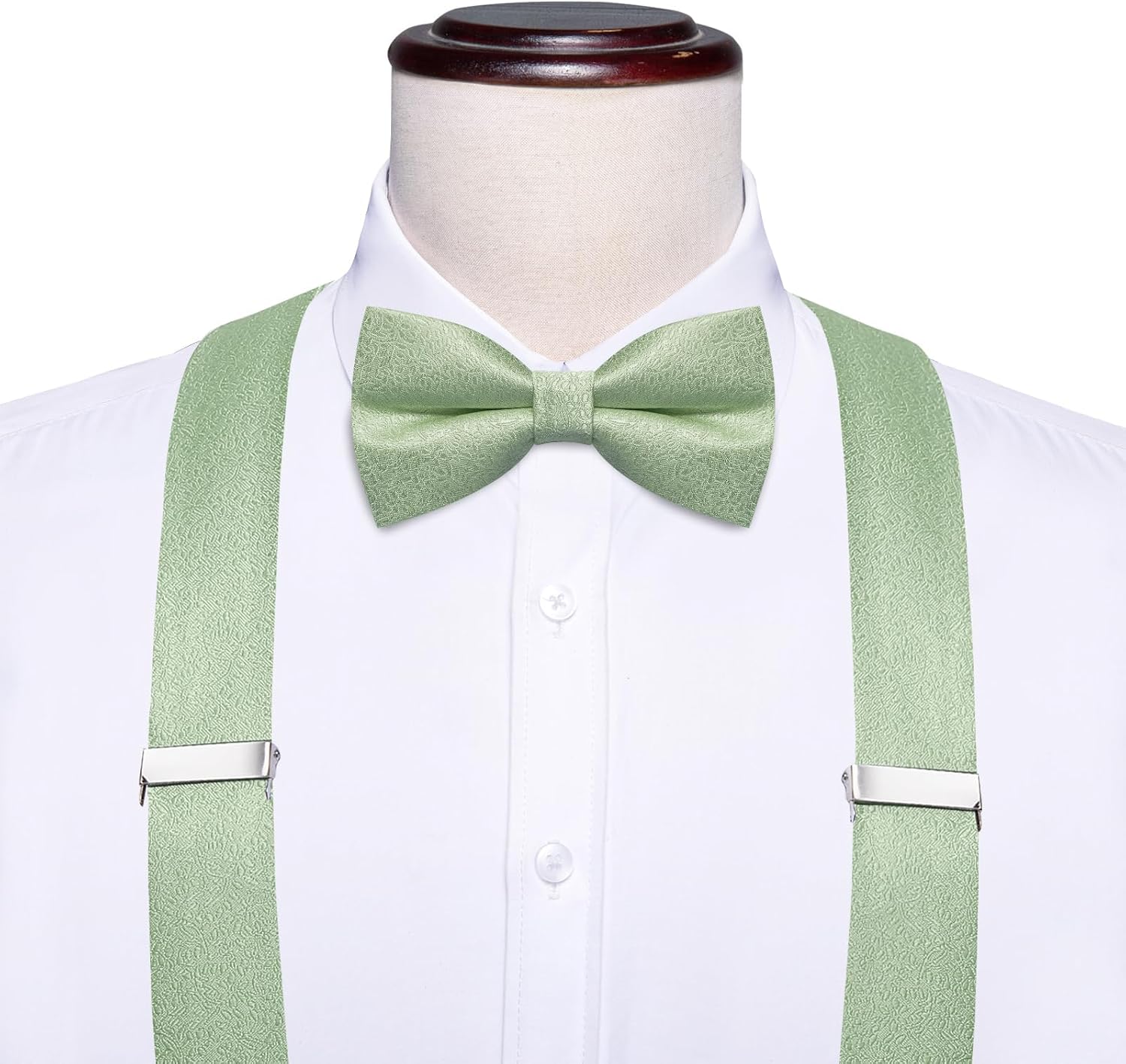 Hi-Tie Sage Green Mens Suspenders Bowtie Set Floral Suspenders Pre-tied Bow Tie Pocket Square Cufflinks Adjustable Y Shape 6 Clips Braces Tuxedo