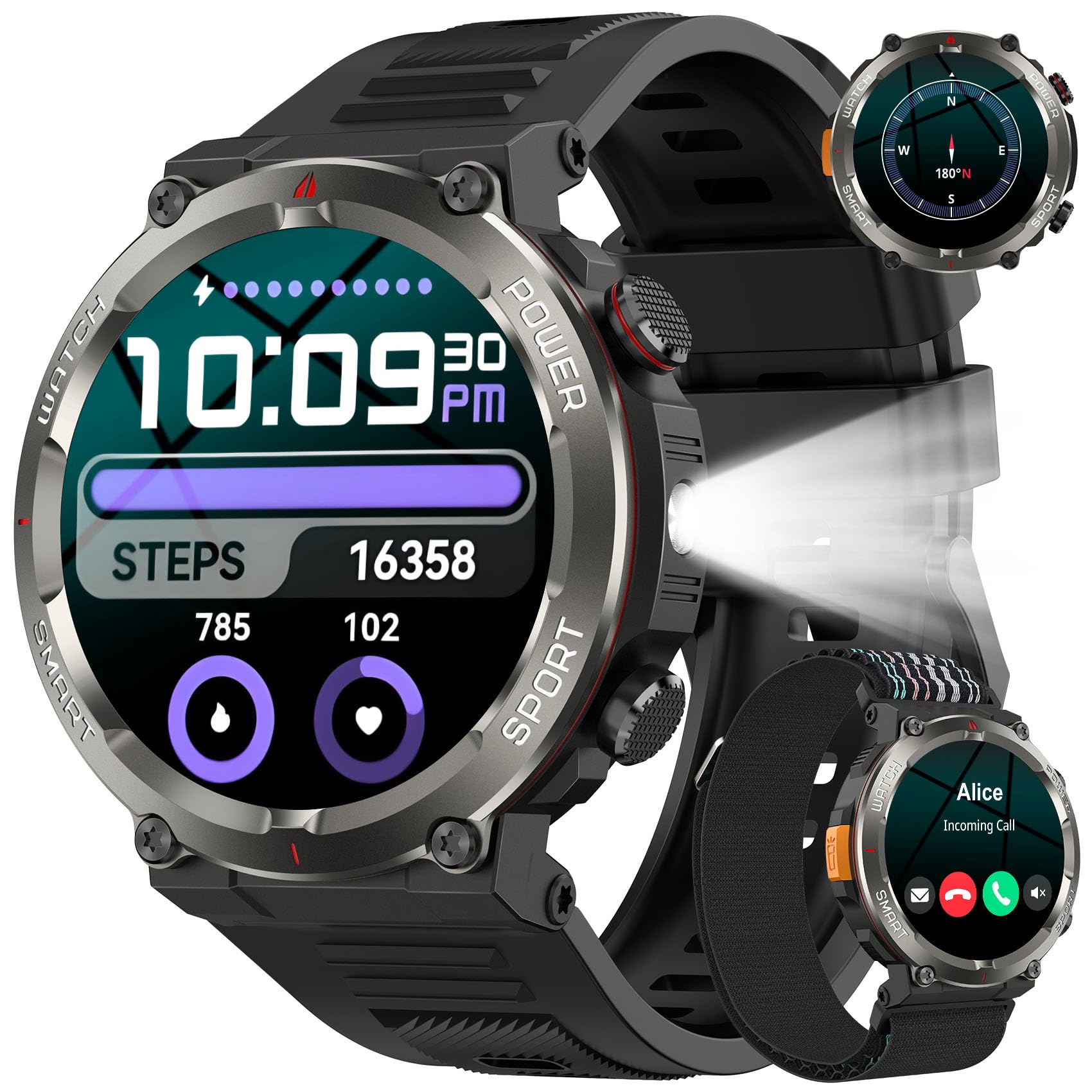 W50Pro Smartwatch Uomo con Effettua o Risposta, 1.45"HD Orologio con 100Giorni StandbyBatteria/LED Torcia/Bussola, 24/7 Monitoraggio Salute (Frequenza Cardiaca/Sonno/SpO2) per Android iOS(2 Cinturini)