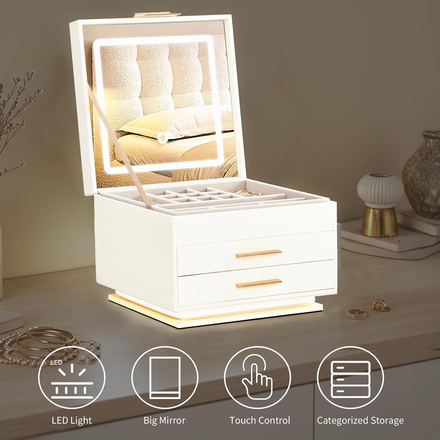 White Jewelry Box with 3-Color Mirror Light & Ambient Glow, Jewelry Organizer with Drawers, Jewelry Storage, Jewelry Holder for Earrings Necklace,Jewelry Display Case, Rotating Jewelry Storage Box