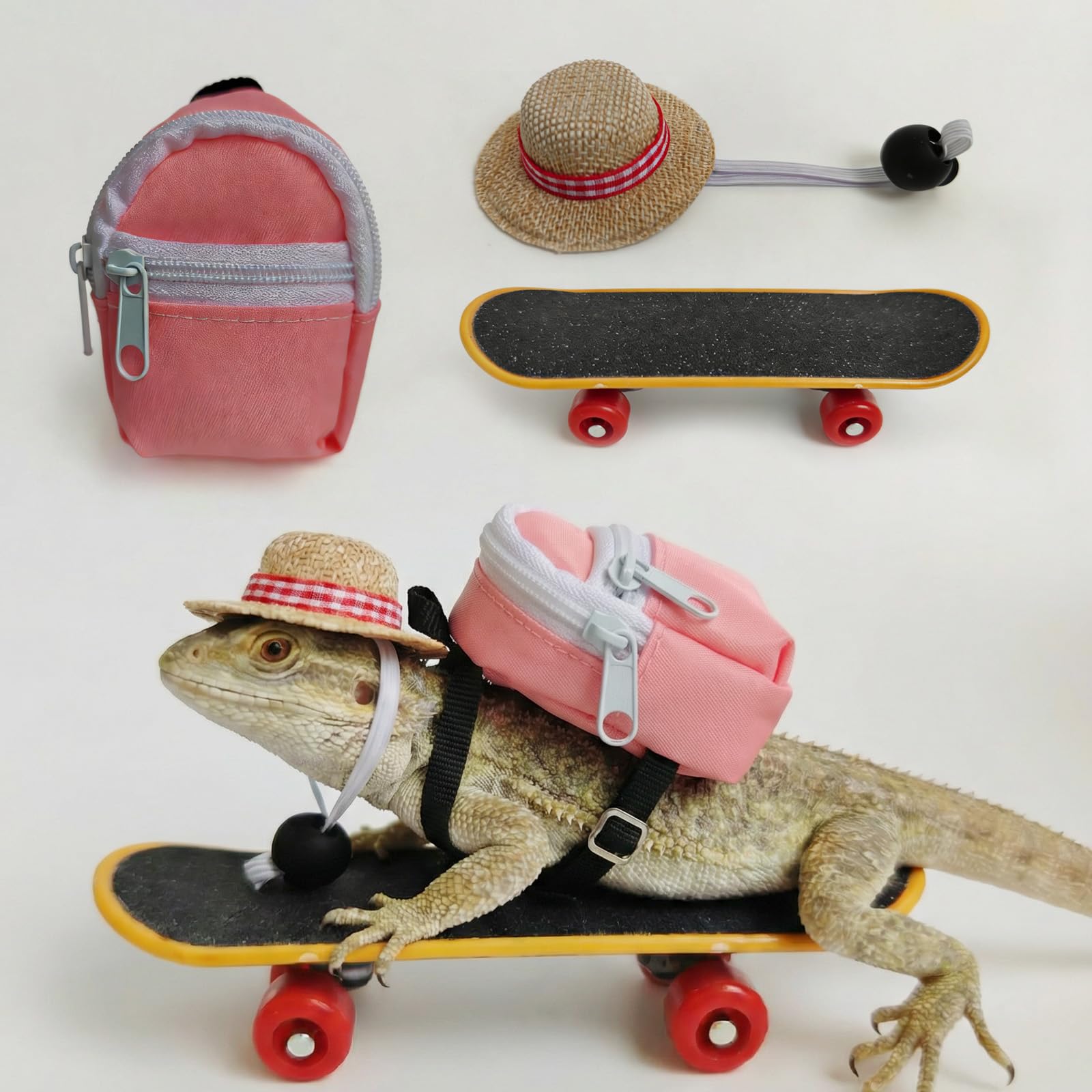 CQJ 3 Pack bearded dragon toy set includes a bearded dragon backpack, an adjustable hat, and a mini skateboard toy, for small reptile pets such as lizards, hamsters, parrots, and turtles. (Pink)