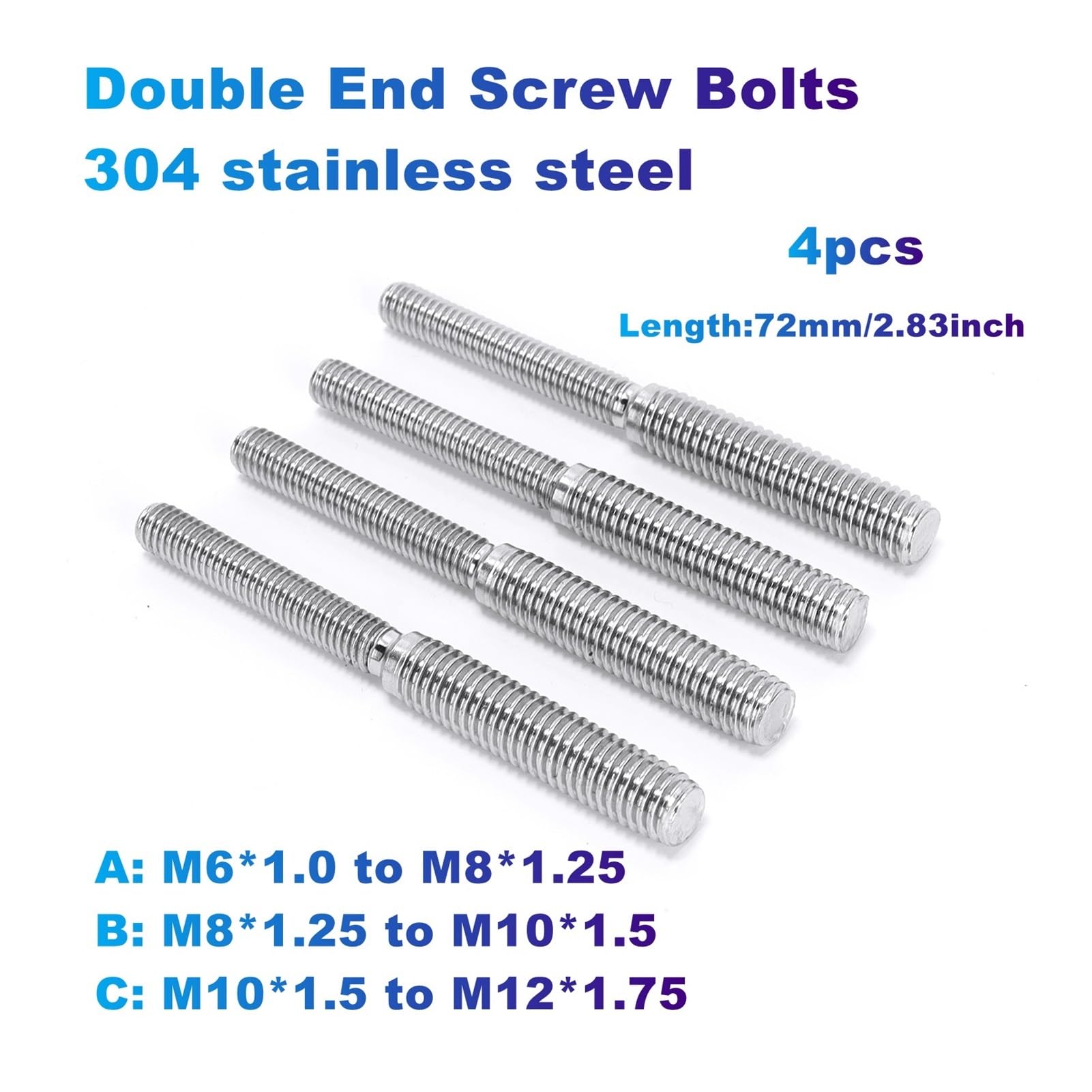 Boulons à vis à Double extrémité en Acier Inoxydable 304, 4 pièces, M6 x 1.0 à M8 x 1.25/M8 x 1.25 à M10 x 1.5/M10 x 1.5 à M12 x 1.75, Attaches filetées (Size : 4pcs M8 to M10, Color : 72mm