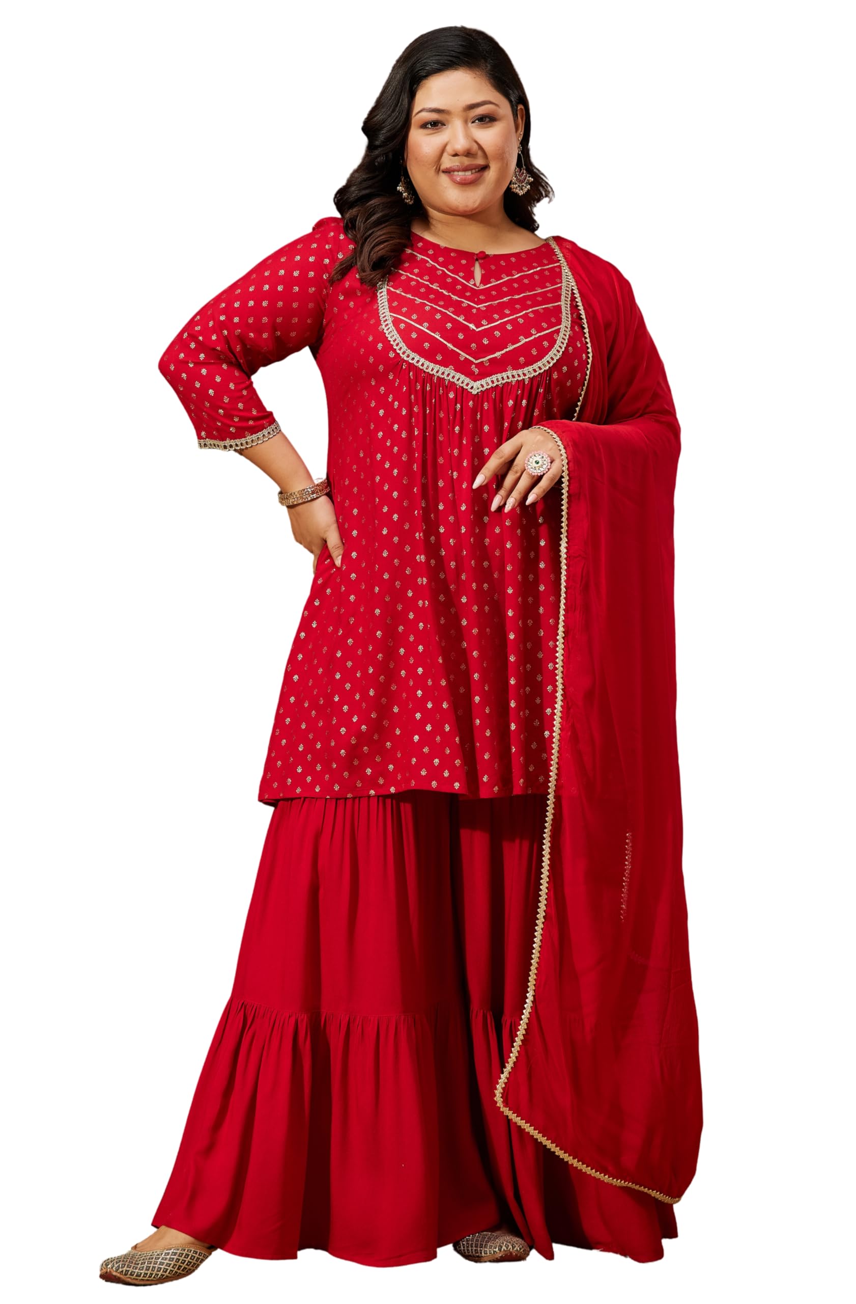 janasya Women's Plus Size Red Rayon Embellished Gold Printed A-line Kurta with Sharara & Dupatta Set-picture-24