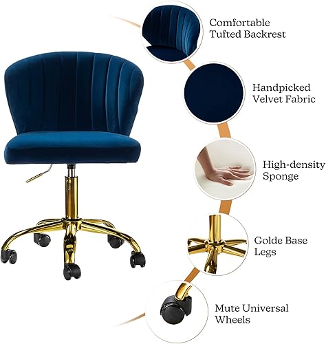 Miniatura 4 de TINA'S HOME Sillas de escritorio de oficina con ruedas y base dorada, moderna silla de oficina sin brazos de terciopelo, silla giratoria ajustable