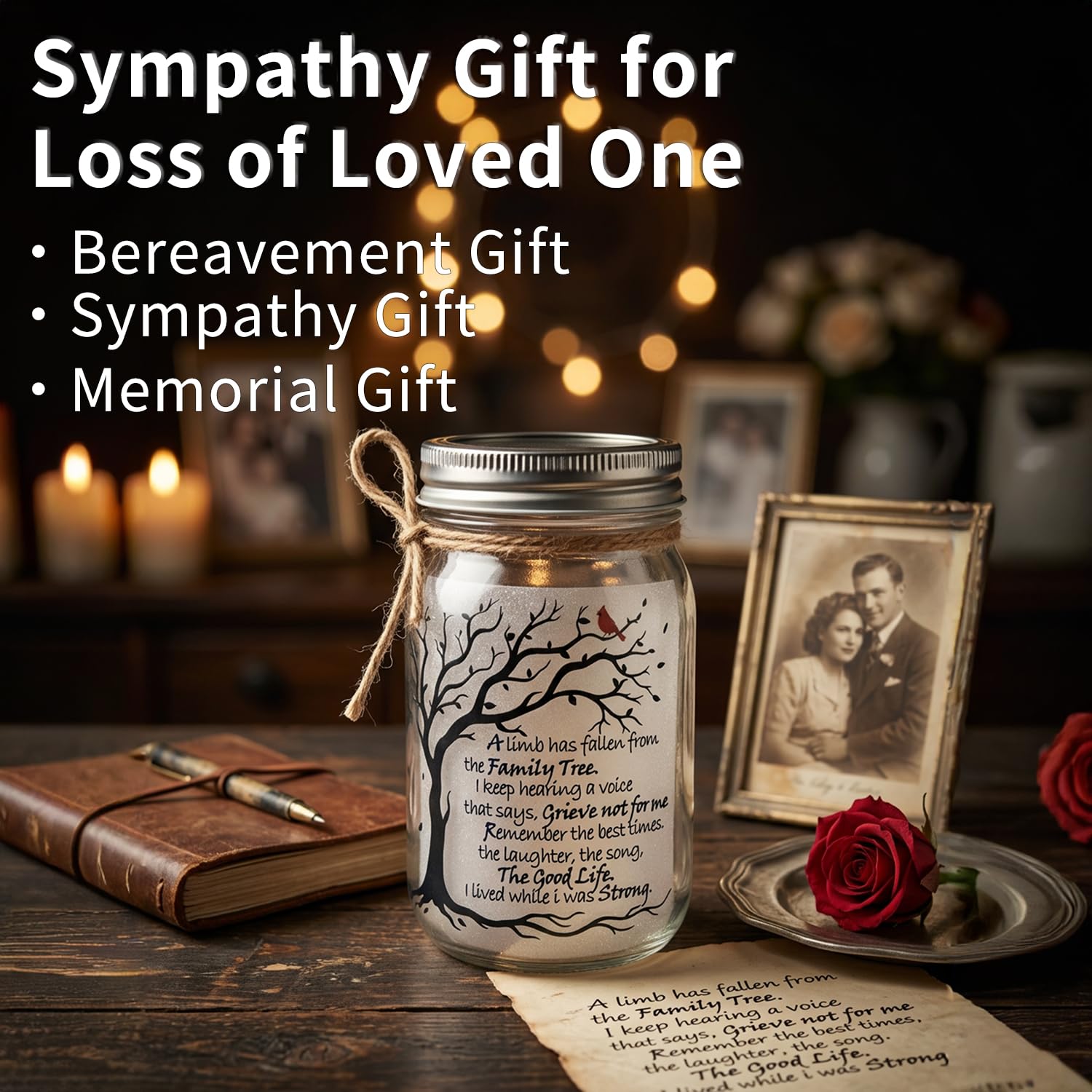 Memorial Gifts Mason Jar Light, Red Cardinal - Memory Gifts for Loss Loved Ones, Bereavement Gift Idea, A Limb Has Fallen From Our Family Tree (Red Cardinal)