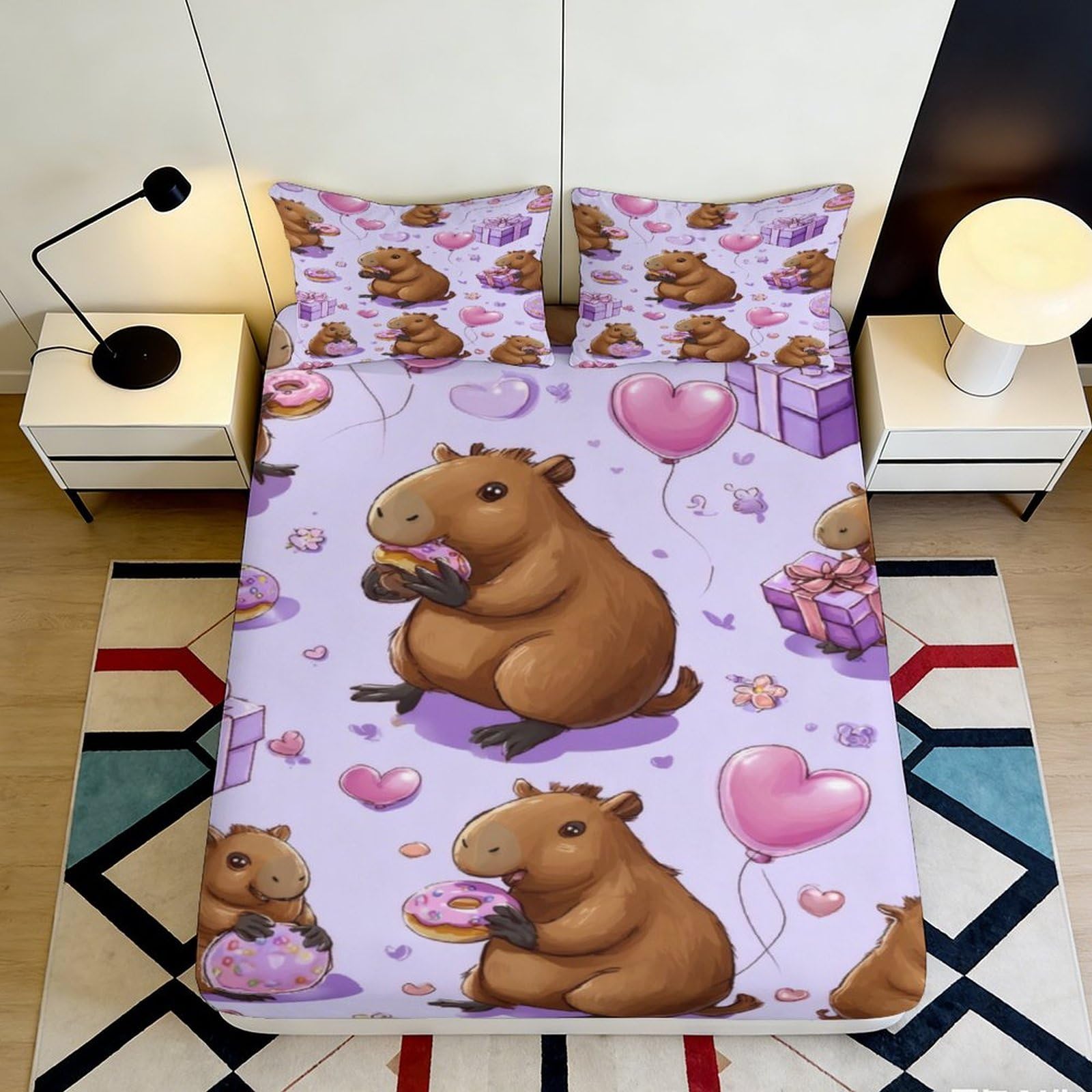 Jqzkxnhpbr Style-6 3D Printed Cartoon Capybara Fitted Sheet Microfiber Soft Purple Heart Bed Cover For Bedroom Guestroom Decor 90X200x25cm