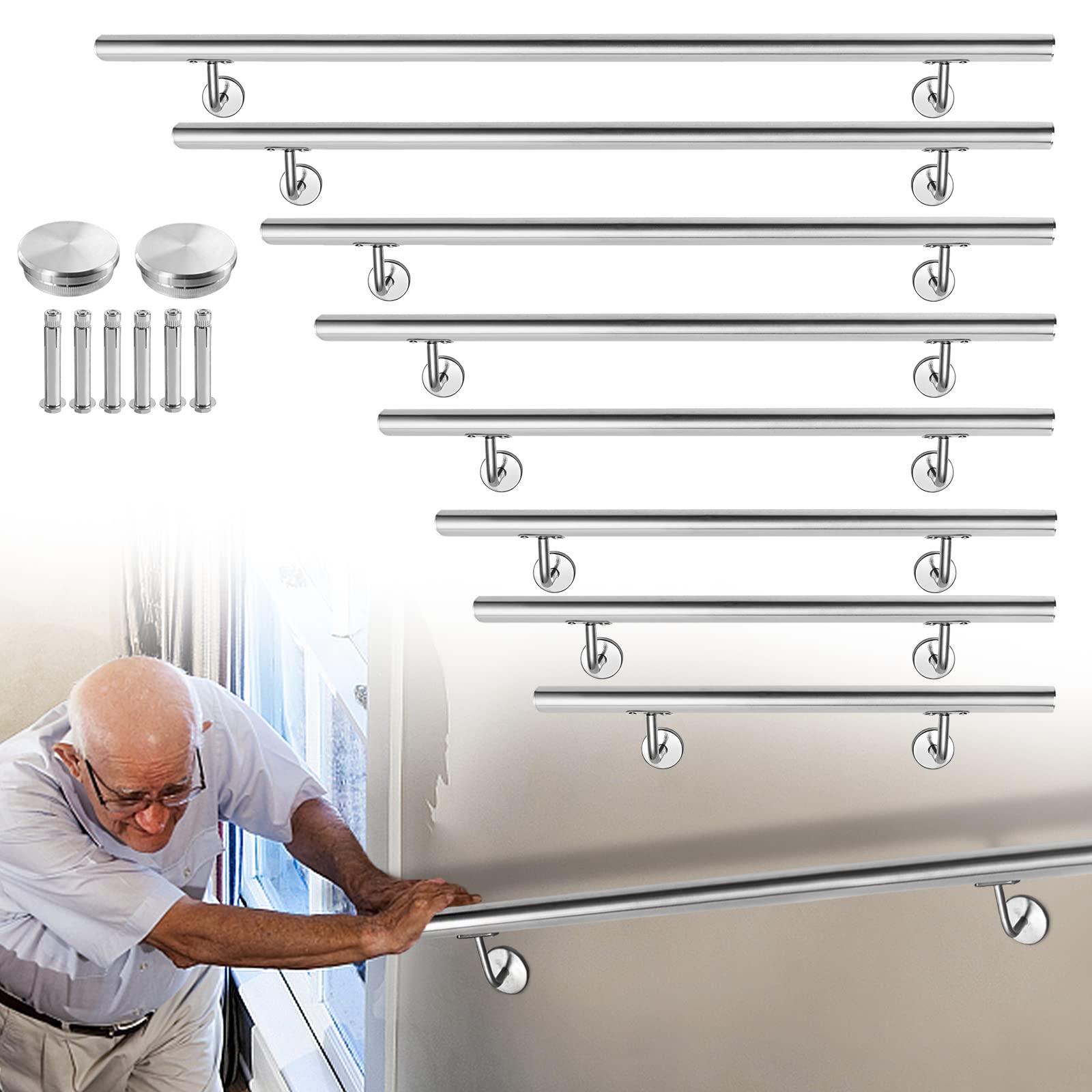 LARS360 Corrimano in acciaio inox, 150 cm, esterno interno da parete, parapetto, ringhiera per scale, Ø 40 mm, con supporto a parete e tappi terminali (150 cm, argento)