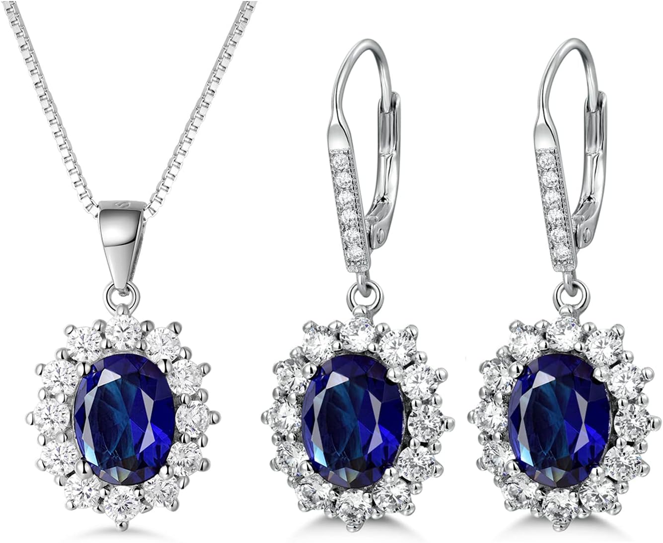 Sterling Silver Blue Sapphire Drop Earrings Necklace Jewellery Set for Women,Silver Pandent Necklace and Dangle Drop Earrings with Blue Cubic Zirconia