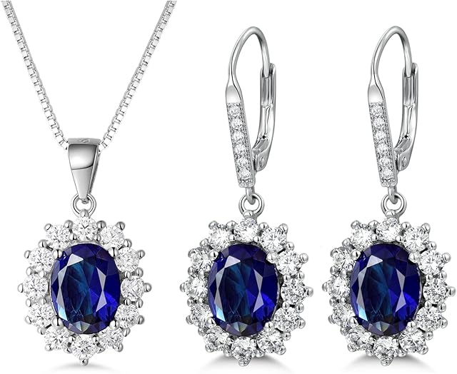 PRETTERY Sterling Silver Blue Sapphire Drop Earrings Necklace Jewellery Set for Women, 925 Sterling Silver Pandent Necklace and Dangle Drop Earrings with 5A Blue Cubic Zirconia, Jewellery Set Gift forBirthday Christmas Valentines day
