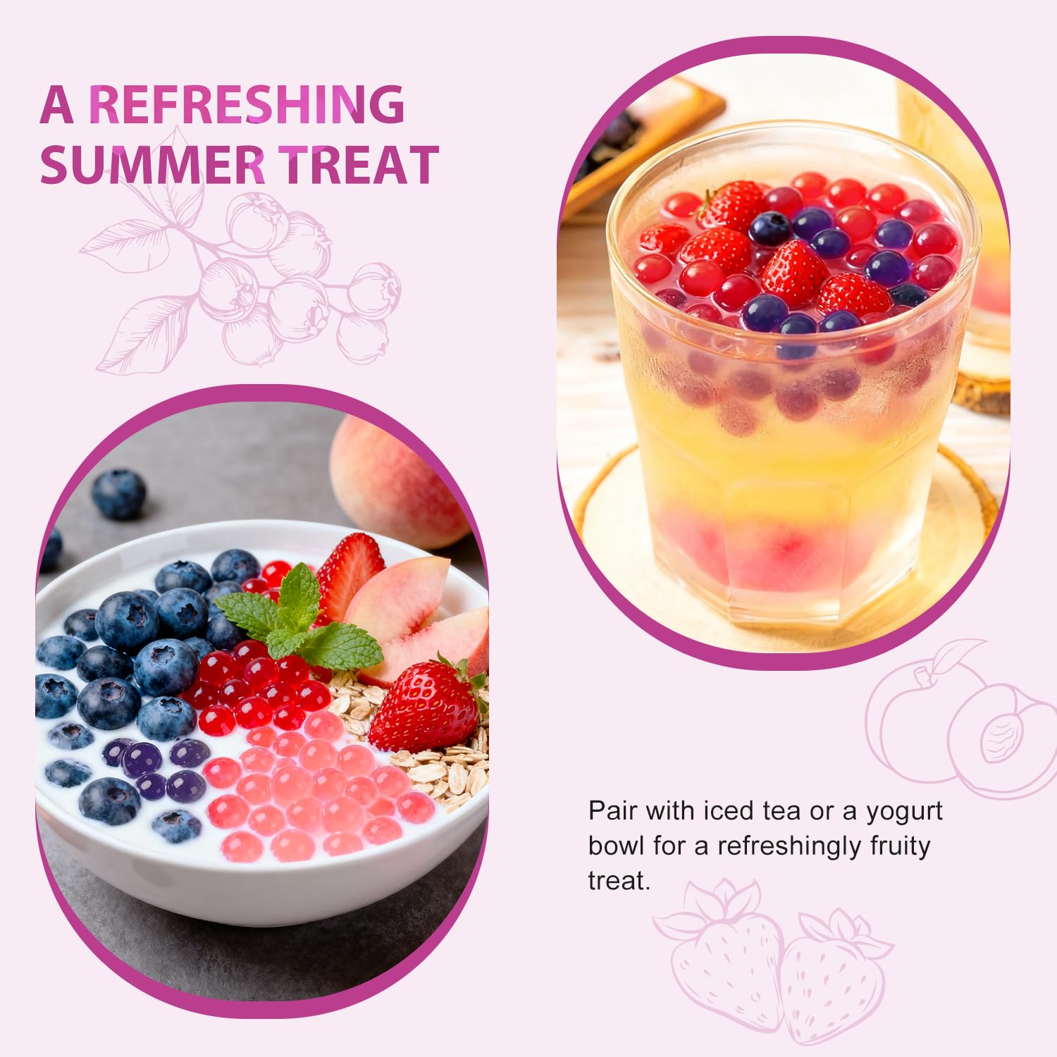 Soeos Popping Boba, 1.2 lbs, 550g (Strawberry, Blueberry & Peach) Pack of 3 – Bursting Fruit Flavor Pearls for Drinks, Desserts & Toppings